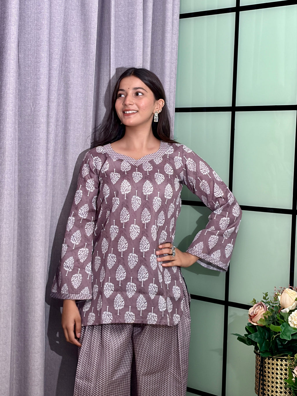 Mauve Grey Cotton Kurti Set with White Botanical Print