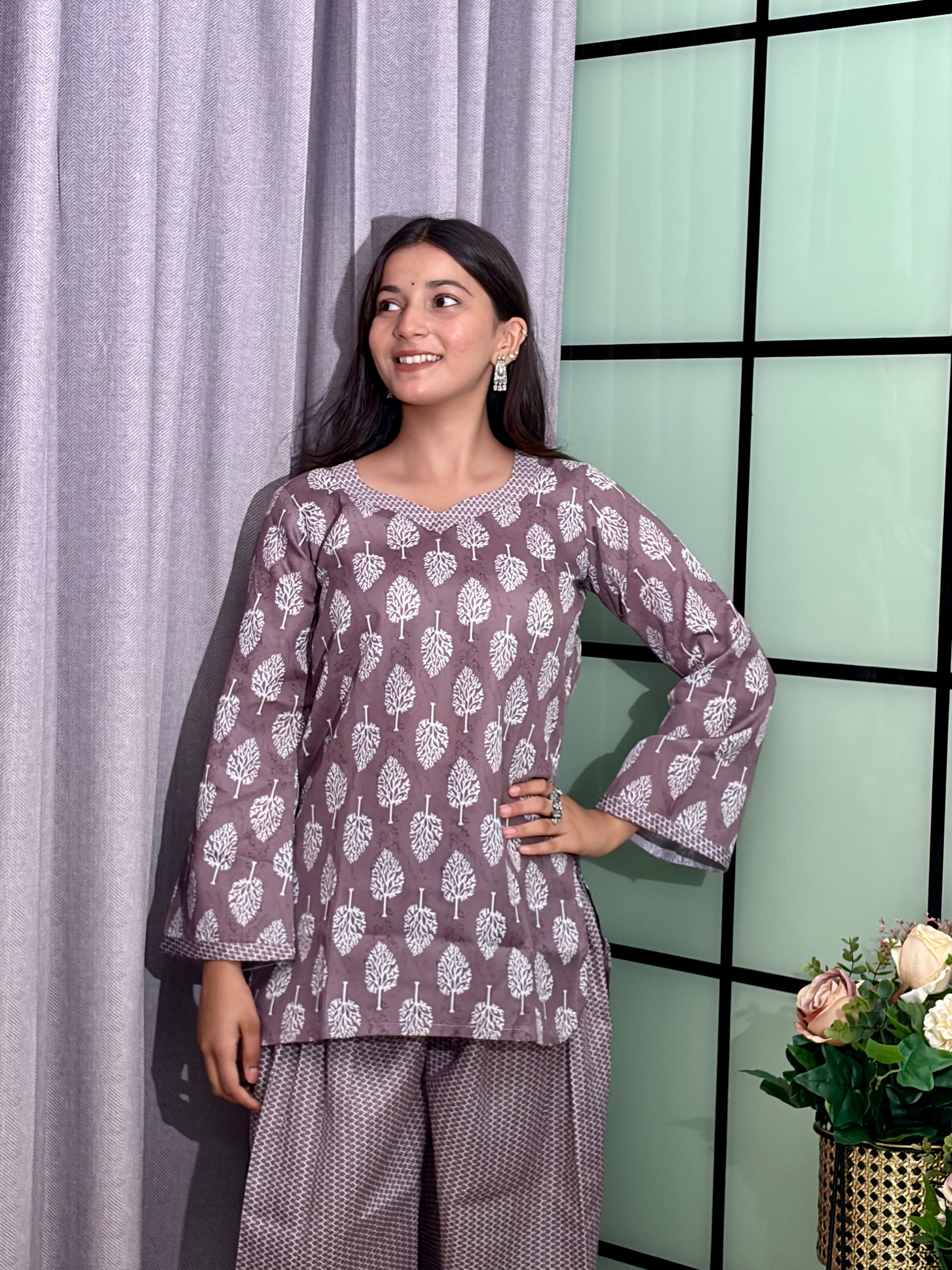 Mauve Grey Cotton Kurti Set with White Botanical Print