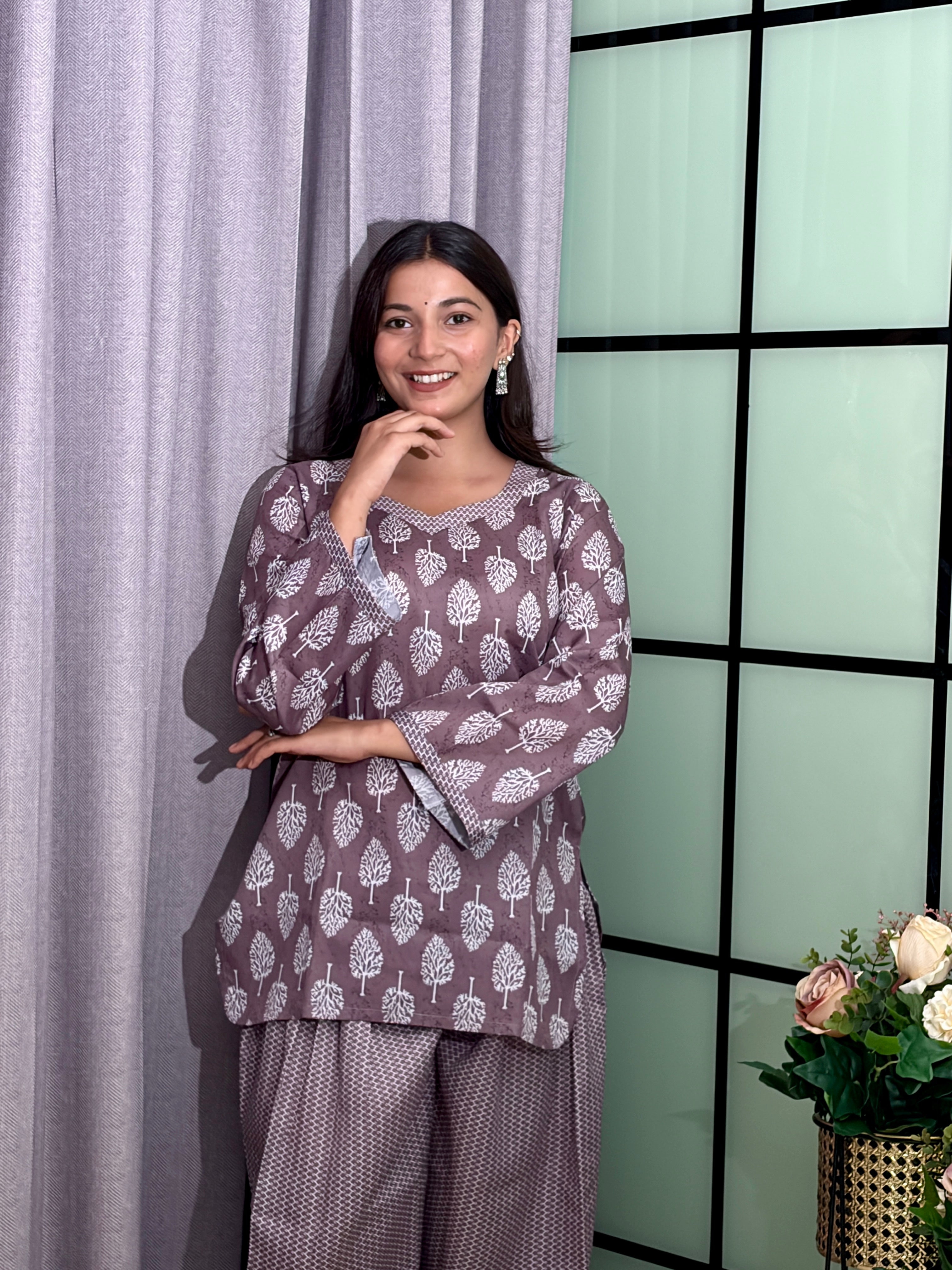 Mauve Grey Cotton Kurti Set with White Botanical Print