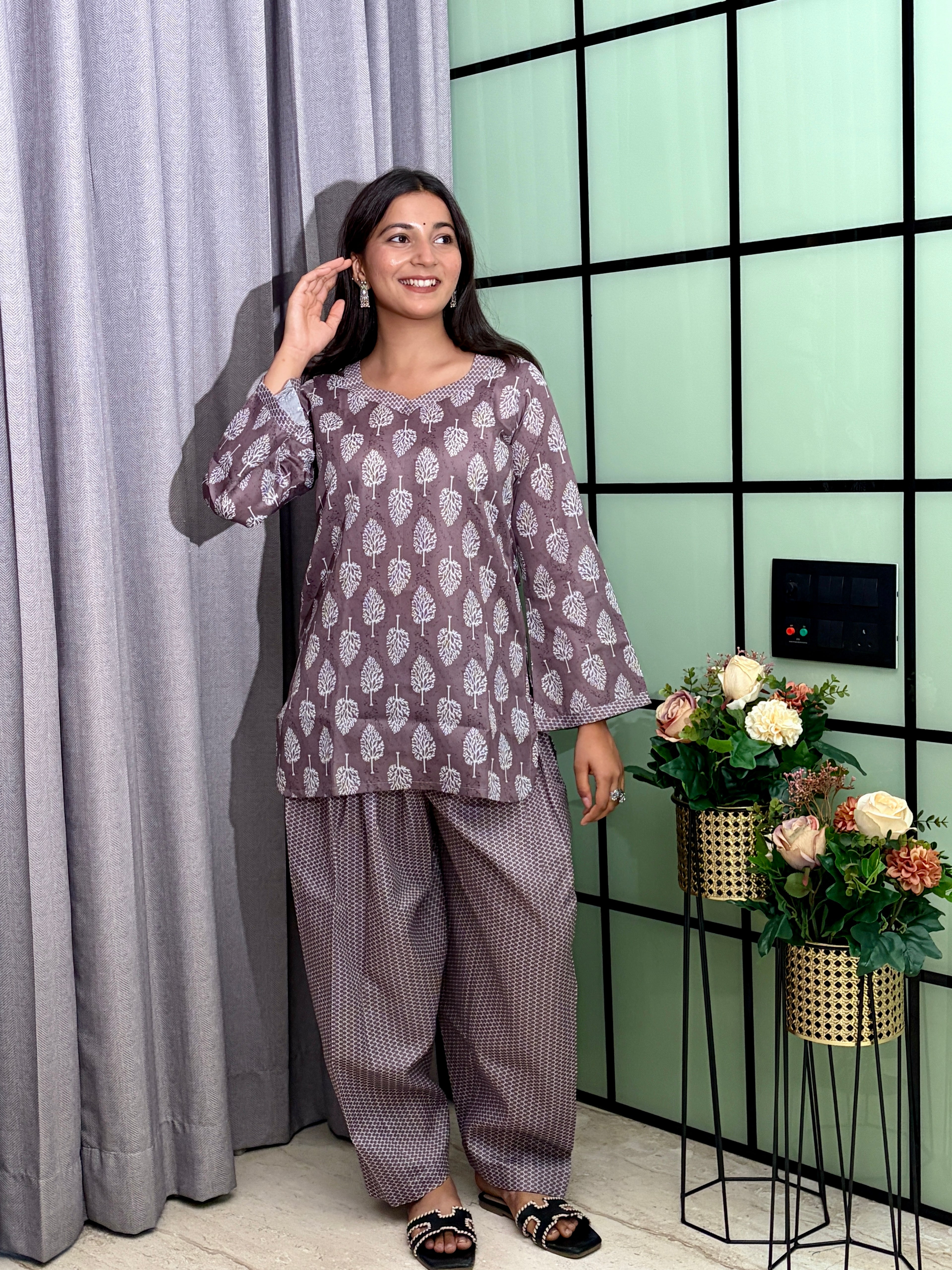 Mauve Grey Cotton Kurti Set with White Botanical Print