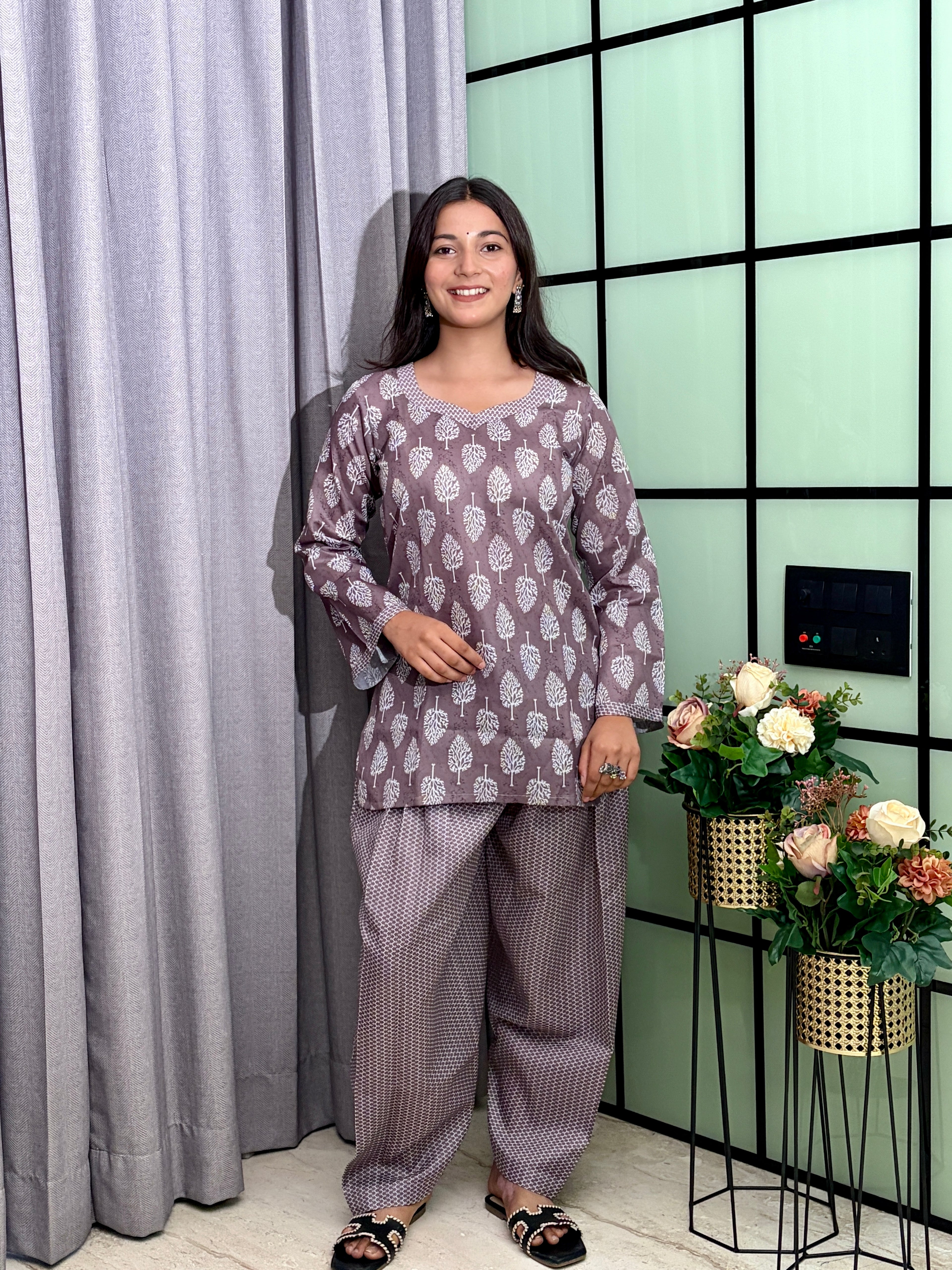 Mauve Grey Cotton Kurti Set with White Botanical Print
