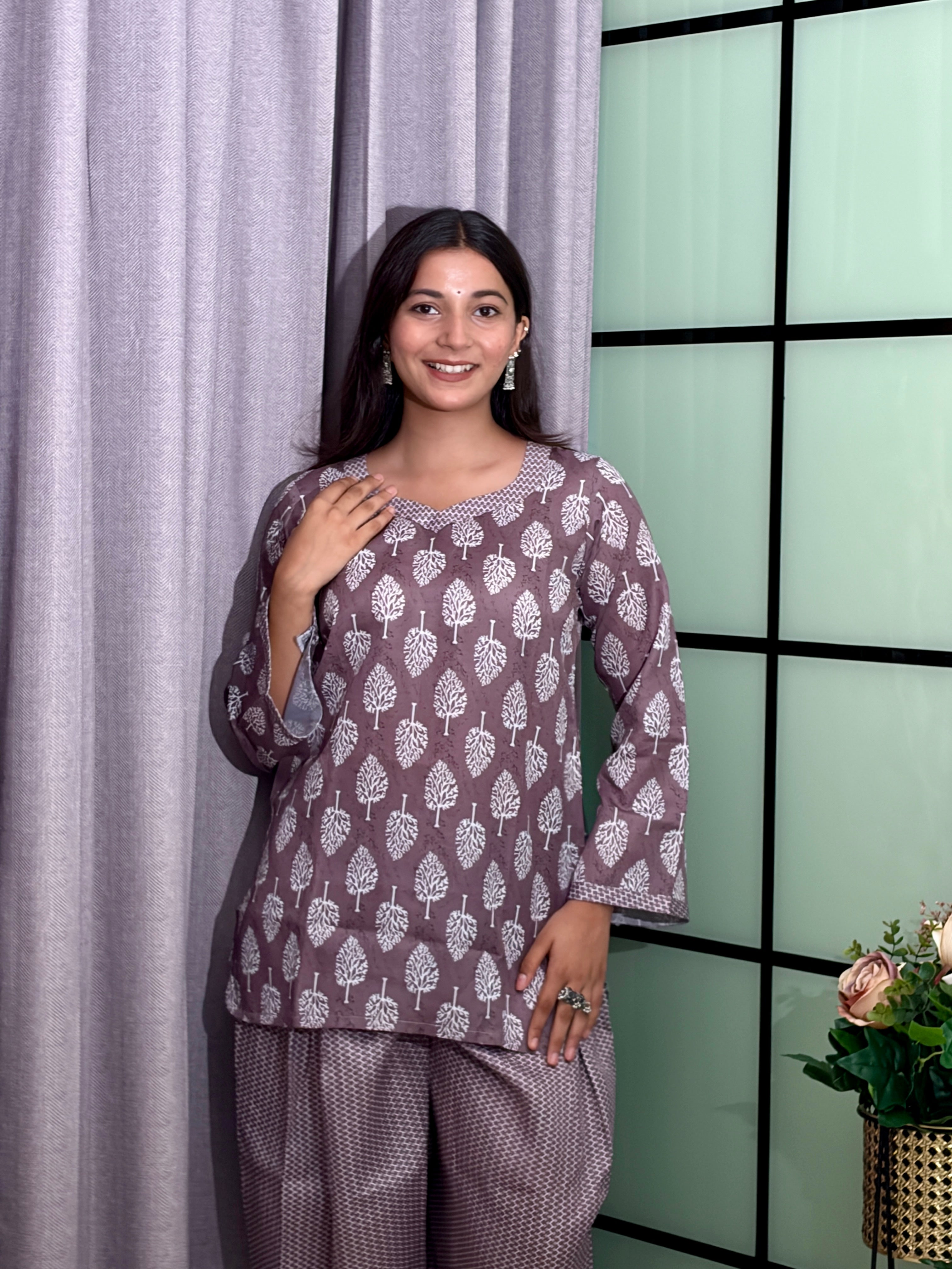 Mauve Grey Cotton Kurti Set with White Botanical Print