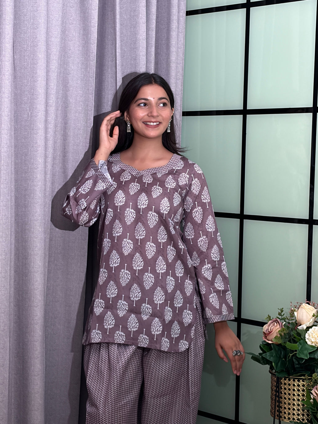 Mauve Grey Cotton Kurti Set with White Botanical Print