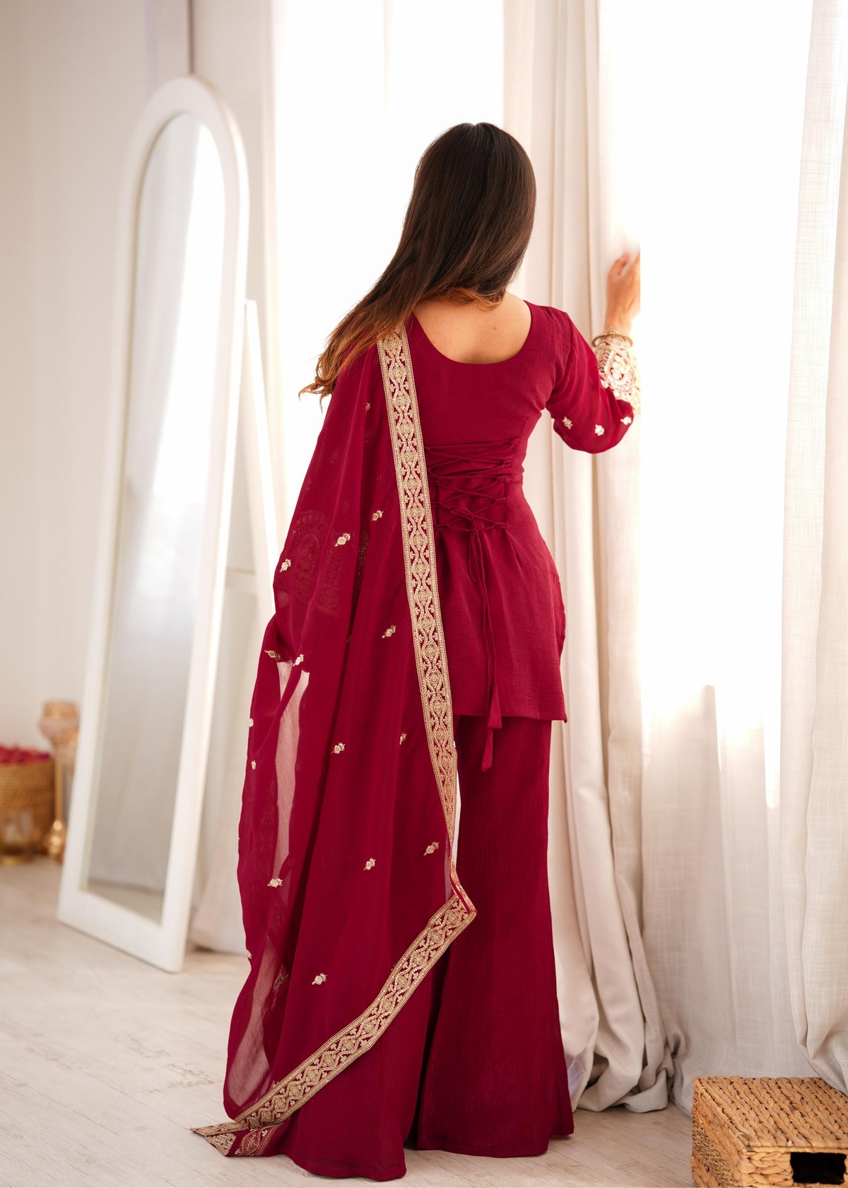 Royal Burgundy Embroidered Palazzo Suit with Intricate Golden Zari Work, Statement Cuffs & Matching Border Dupatta