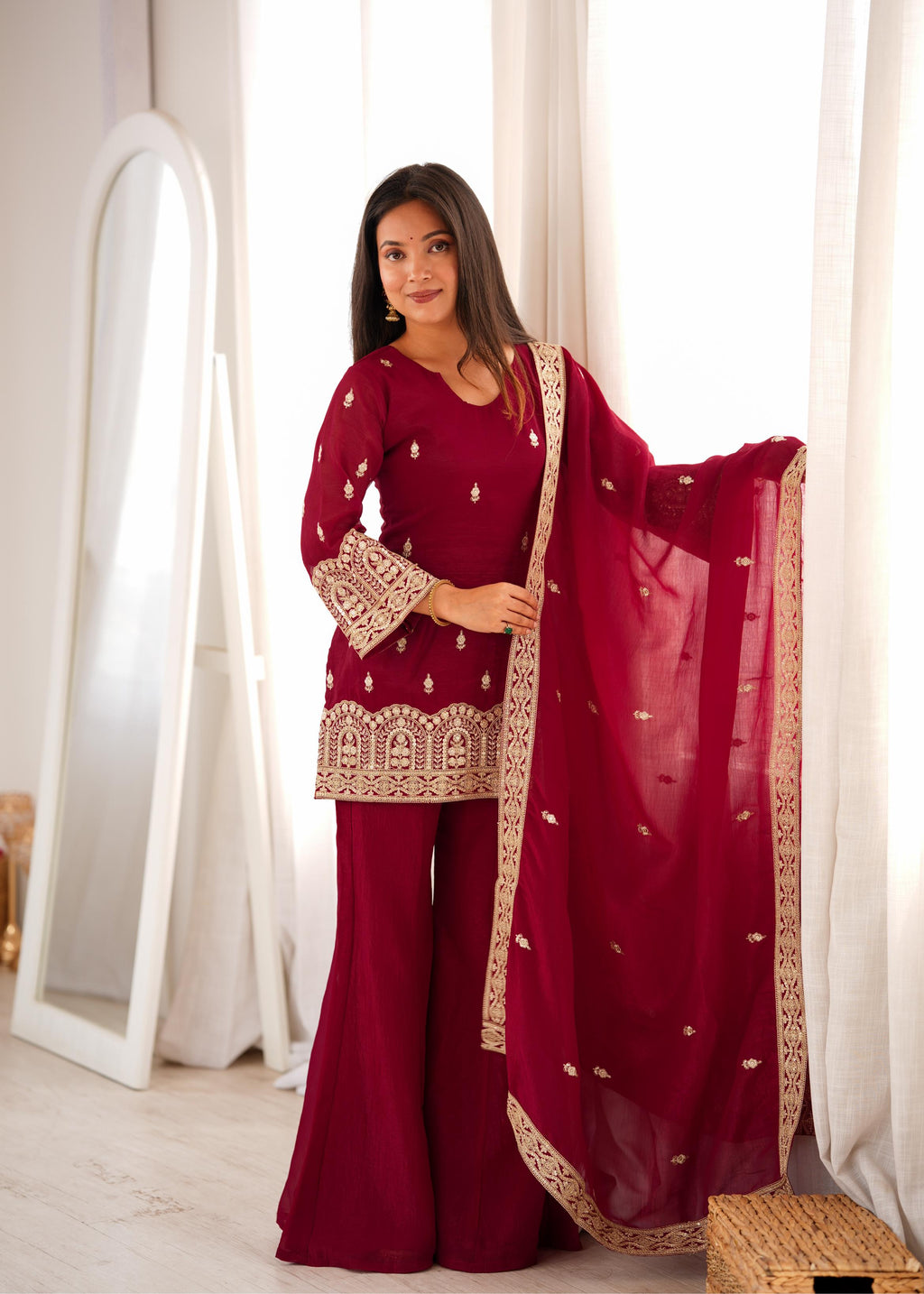 Royal Burgundy Embroidered Palazzo Suit with Intricate Golden Zari Work, Statement Cuffs & Matching Border Dupatta