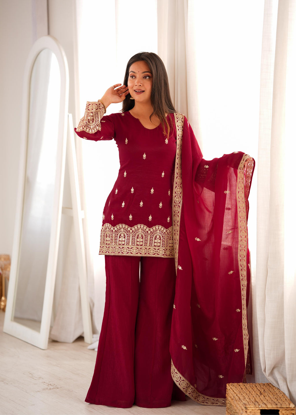 Royal Burgundy Embroidered Palazzo Suit with Intricate Golden Zari Work, Statement Cuffs & Matching Border Dupatta