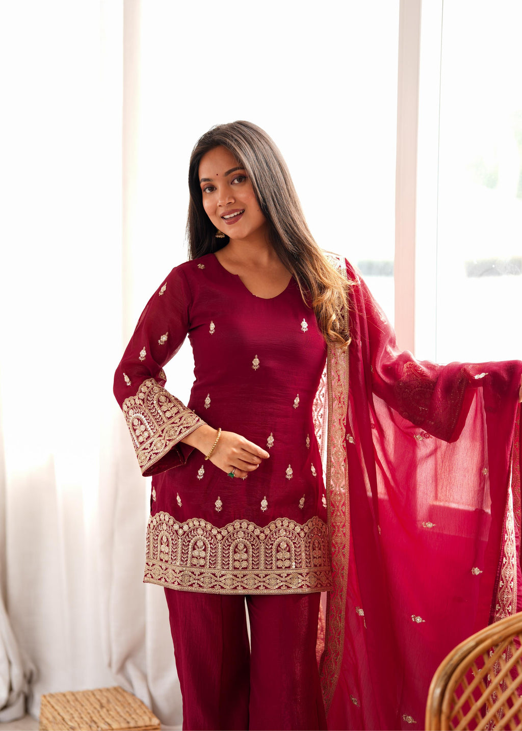 Royal Burgundy Embroidered Palazzo Suit with Intricate Golden Zari Work, Statement Cuffs & Matching Border Dupatta