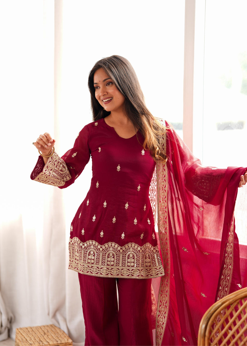 Royal Burgundy Embroidered Palazzo Suit with Intricate Golden Zari Work, Statement Cuffs & Matching Border Dupatta