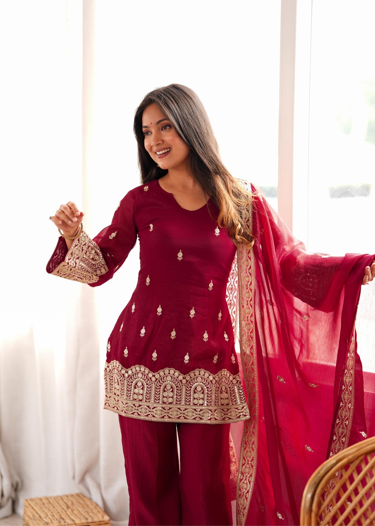 Royal Burgundy Embroidered Palazzo Suit with Intricate Golden Zari Work, Statement Cuffs & Matching Border Dupatta