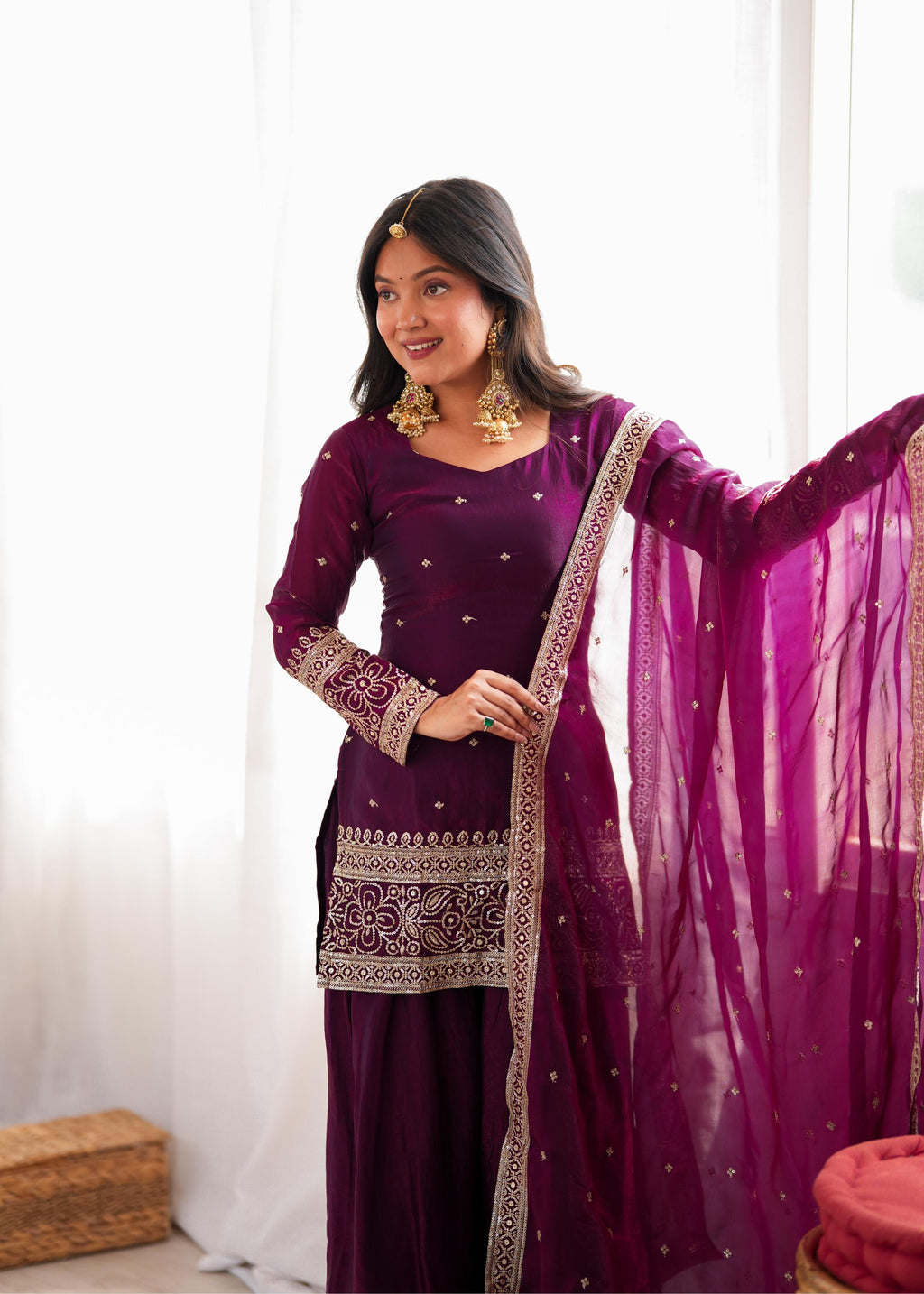 Royal Plum Embroidered Straight Kurta Sharara Set with Intricate Gold Threadwork, Statement Cuffs & Sheer Organza Dupatta