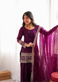 Royal Plum Embroidered Straight Kurta Sharara Set with Intricate Gold Threadwork, Statement Cuffs & Sheer Organza Dupatta