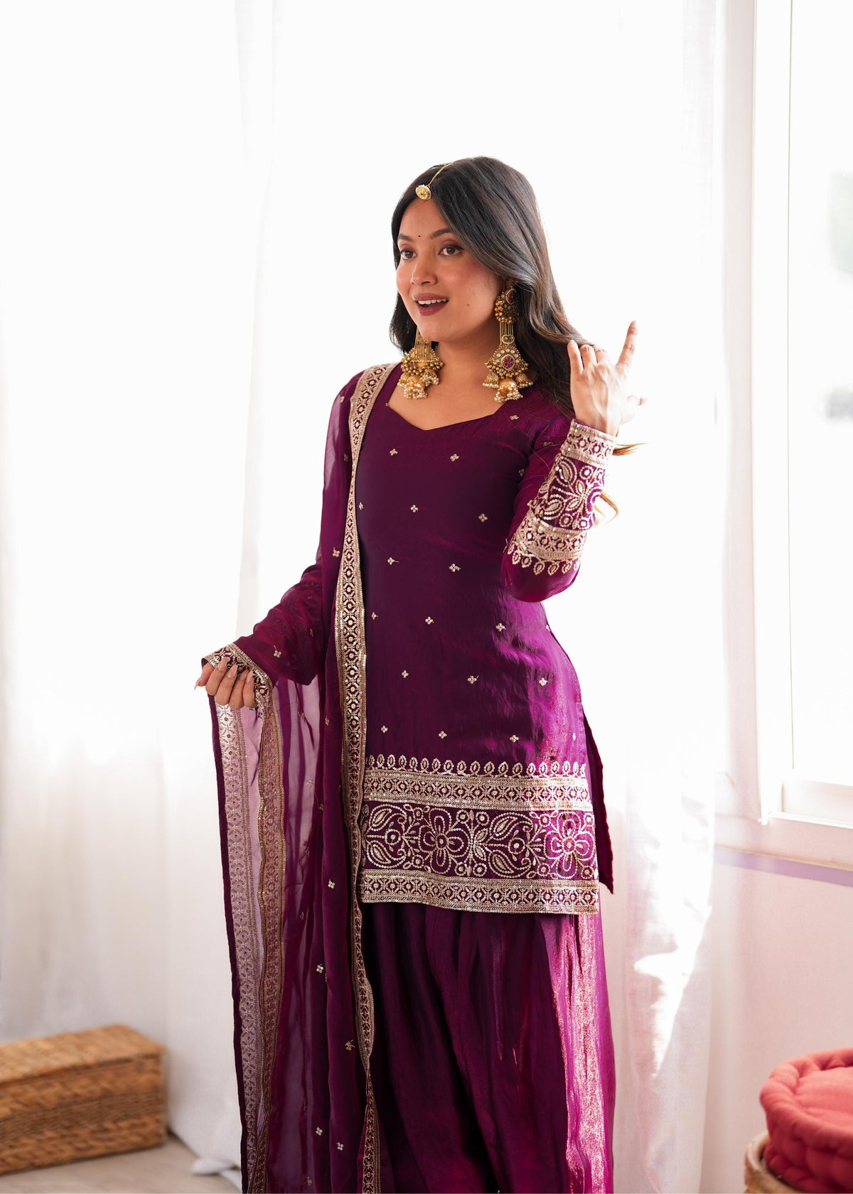 Royal Plum Embroidered Straight Kurta Sharara Set with Intricate Gold Threadwork, Statement Cuffs & Sheer Organza Dupatta