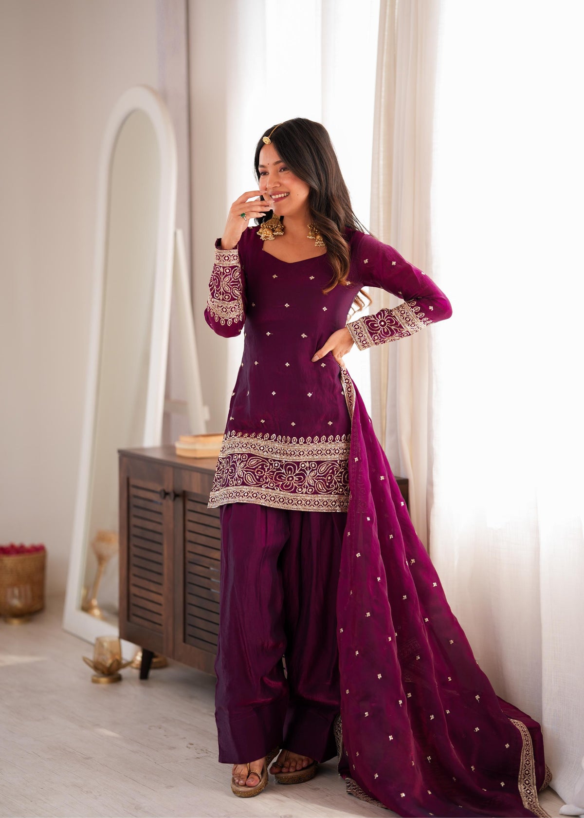 Royal Plum Embroidered Straight Kurta Sharara Set with Intricate Gold Threadwork, Statement Cuffs & Sheer Organza Dupatta