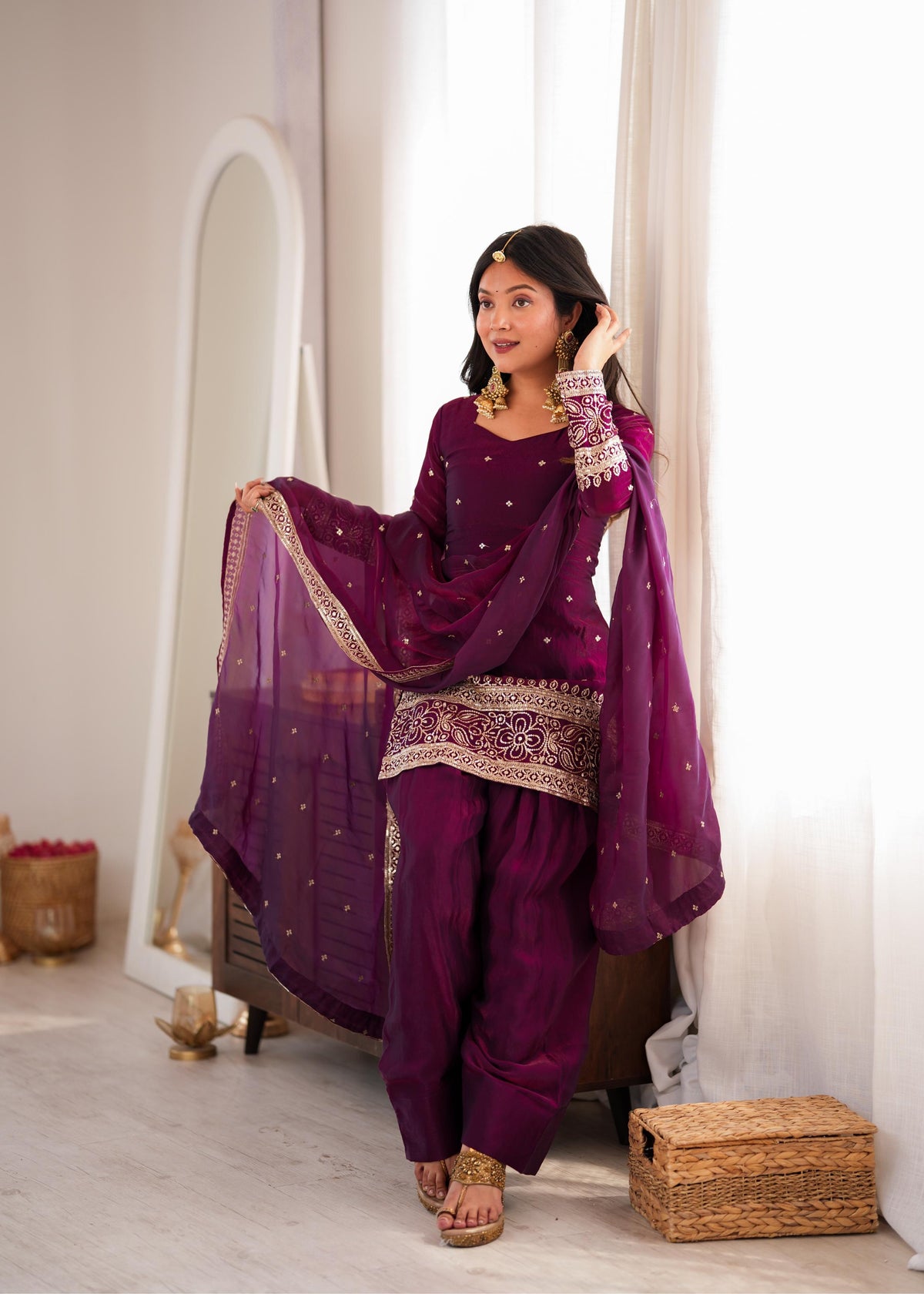 Royal Plum Embroidered Straight Kurta Sharara Set with Intricate Gold Threadwork, Statement Cuffs & Sheer Organza Dupatta