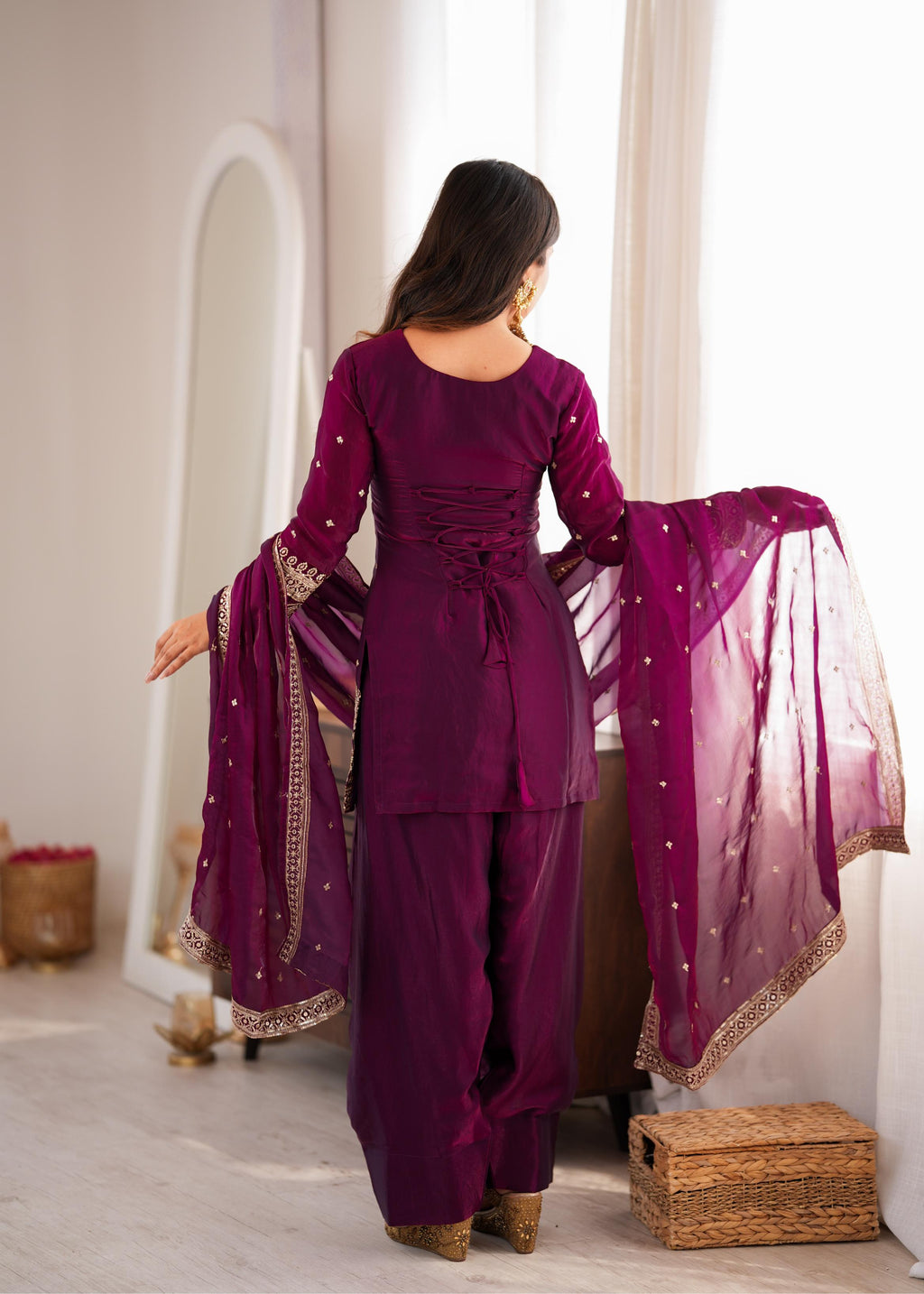 Royal Plum Embroidered Straight Kurta Sharara Set with Intricate Gold Threadwork, Statement Cuffs & Sheer Organza Dupatta
