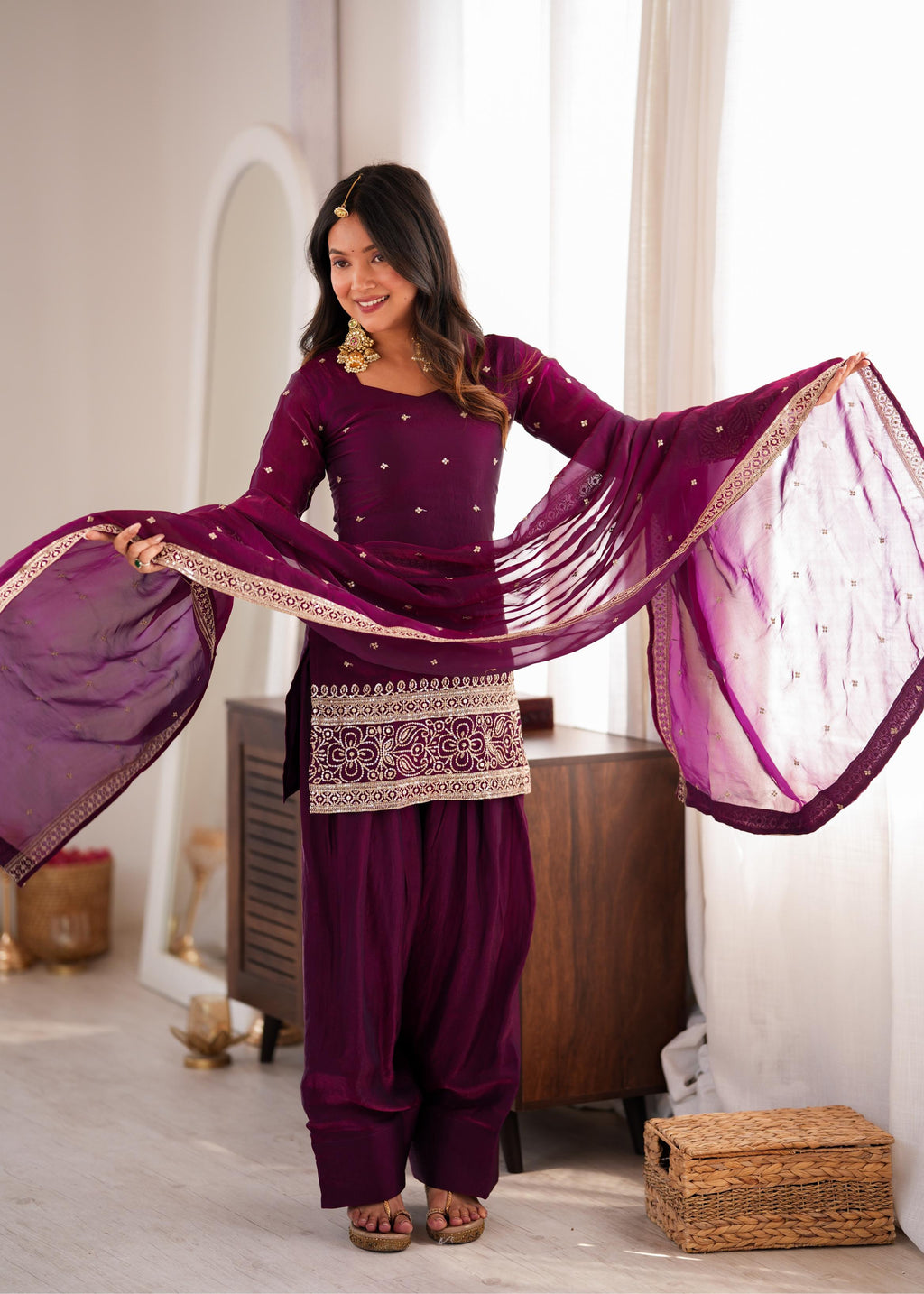 Royal Plum Embroidered Straight Kurta Sharara Set with Intricate Gold Threadwork, Statement Cuffs & Sheer Organza Dupatta