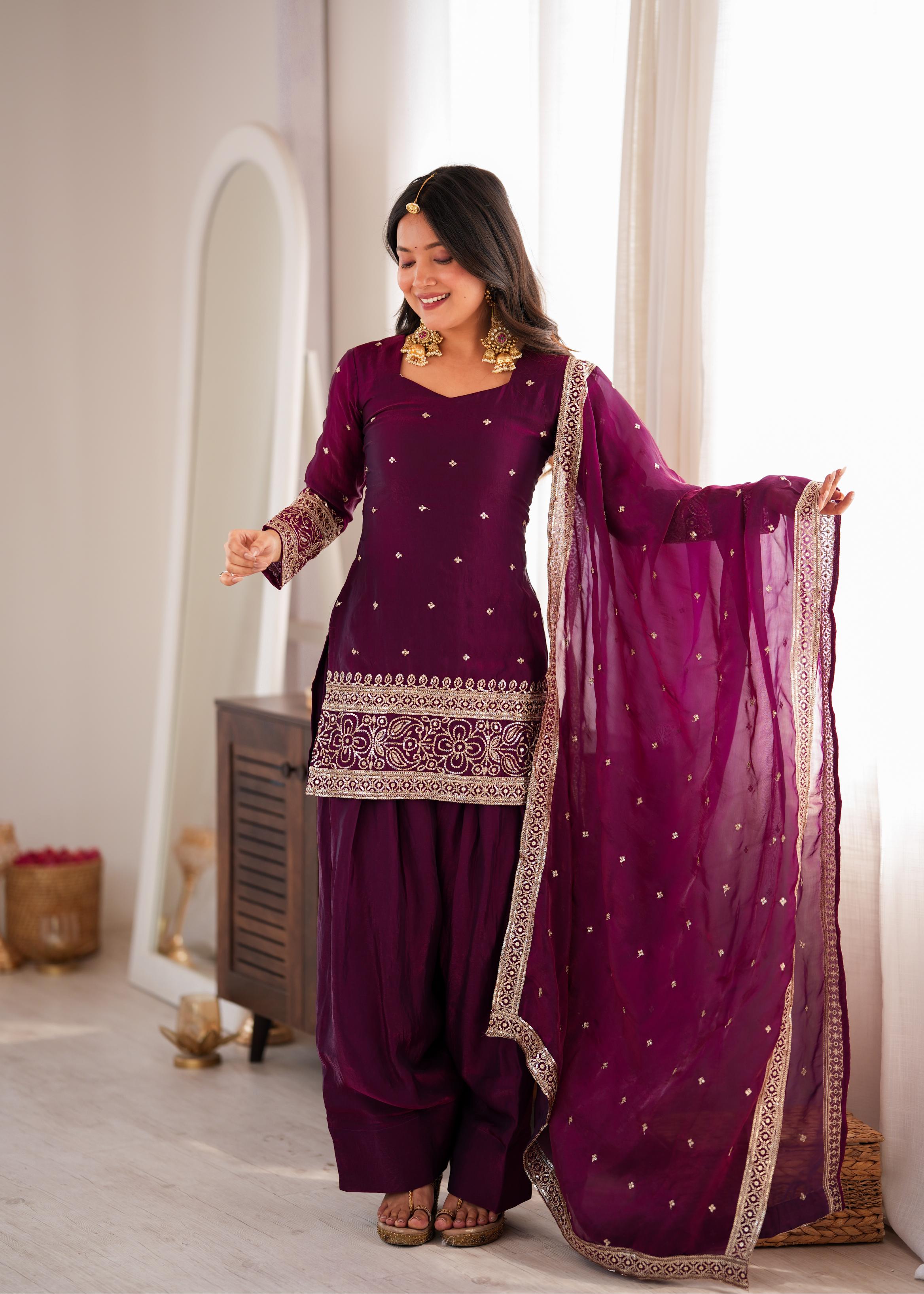 Royal Plum Embroidered Straight Kurta Sharara Set with Intricate Gold Threadwork, Statement Cuffs & Sheer Organza Dupatta