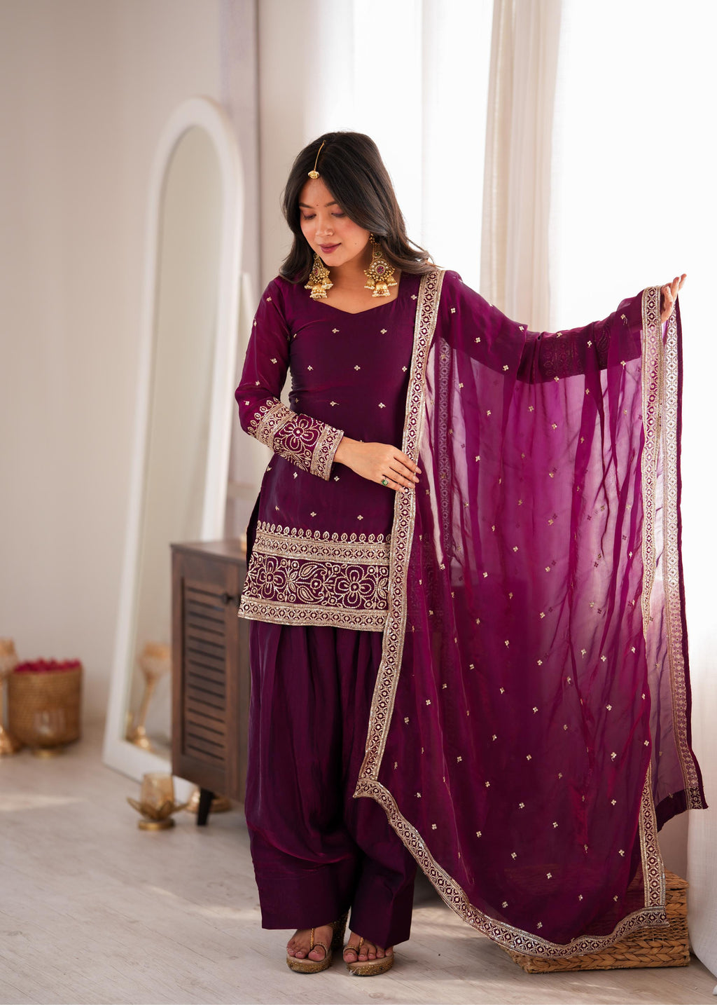 Royal Plum Embroidered Straight Kurta Sharara Set with Intricate Gold Threadwork, Statement Cuffs & Sheer Organza Dupatta