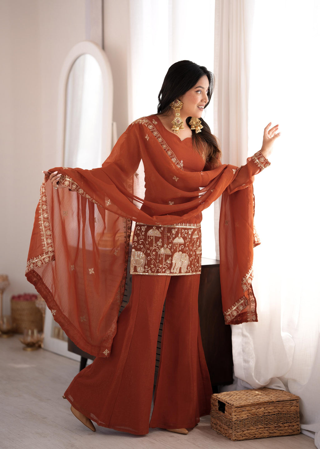 CRUNCHY SILK FABRIC WITH EMBROIDERY SEQUENCE AND JARI WORK WITH BACK SIDE FANCY DORI PATTERN