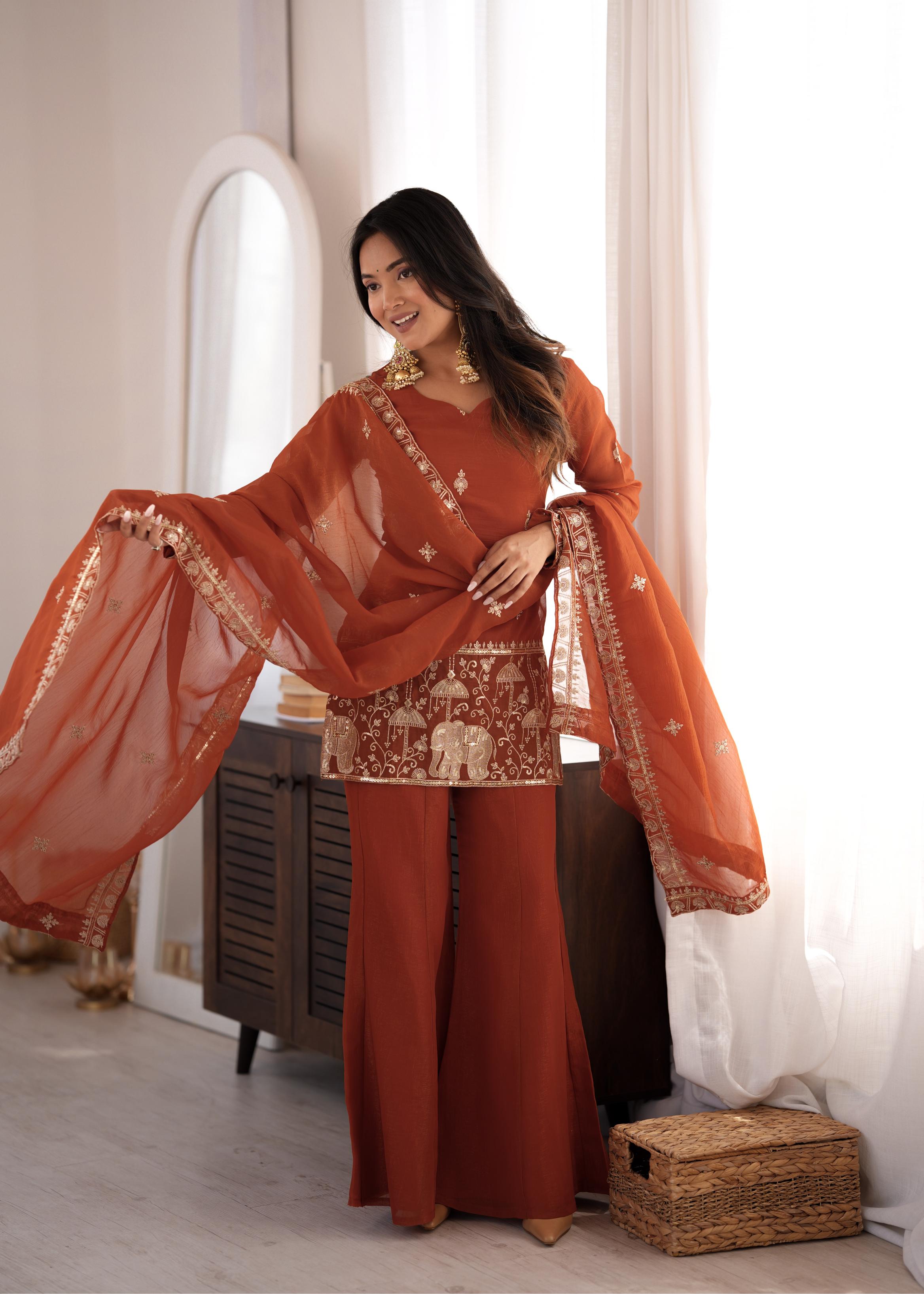 CRUNCHY SILK FABRIC WITH EMBROIDERY SEQUENCE AND JARI WORK WITH BACK SIDE FANCY DORI PATTERN