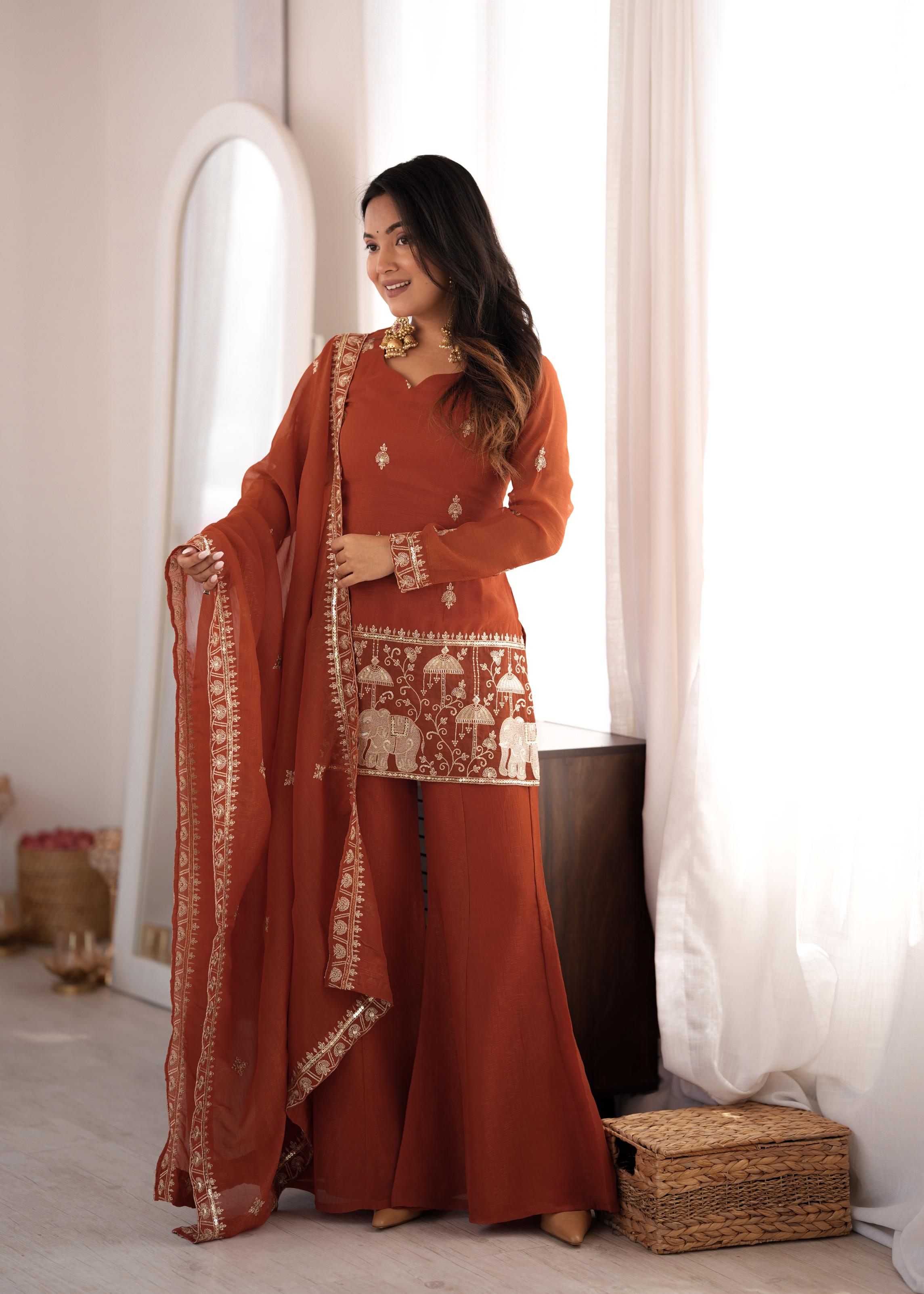 CRUNCHY SILK FABRIC WITH EMBROIDERY SEQUENCE AND JARI WORK WITH BACK SIDE FANCY DORI PATTERN
