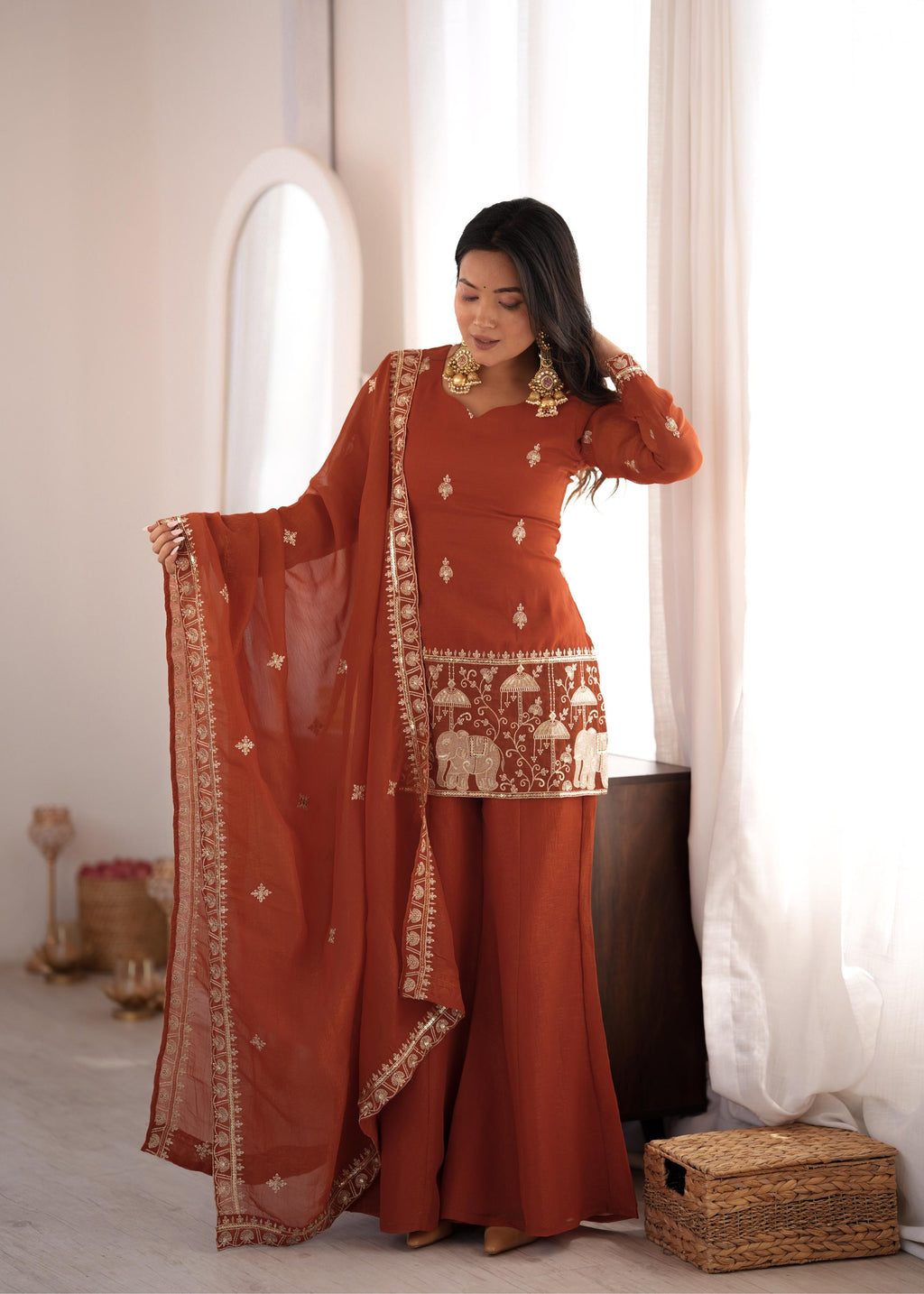 CRUNCHY SILK FABRIC WITH EMBROIDERY SEQUENCE AND JARI WORK WITH BACK SIDE FANCY DORI PATTERN