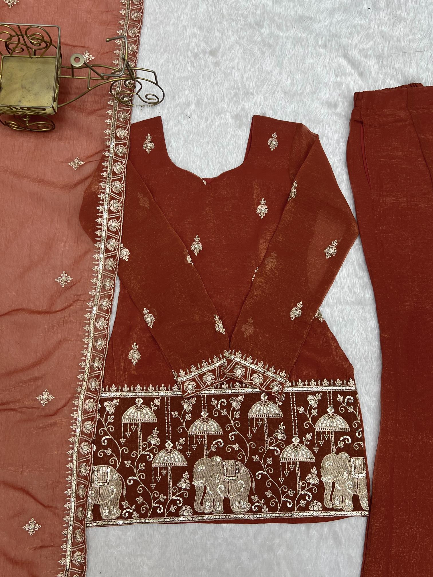 CRUNCHY SILK FABRIC WITH EMBROIDERY SEQUENCE AND JARI WORK WITH BACK SIDE FANCY DORI PATTERN
