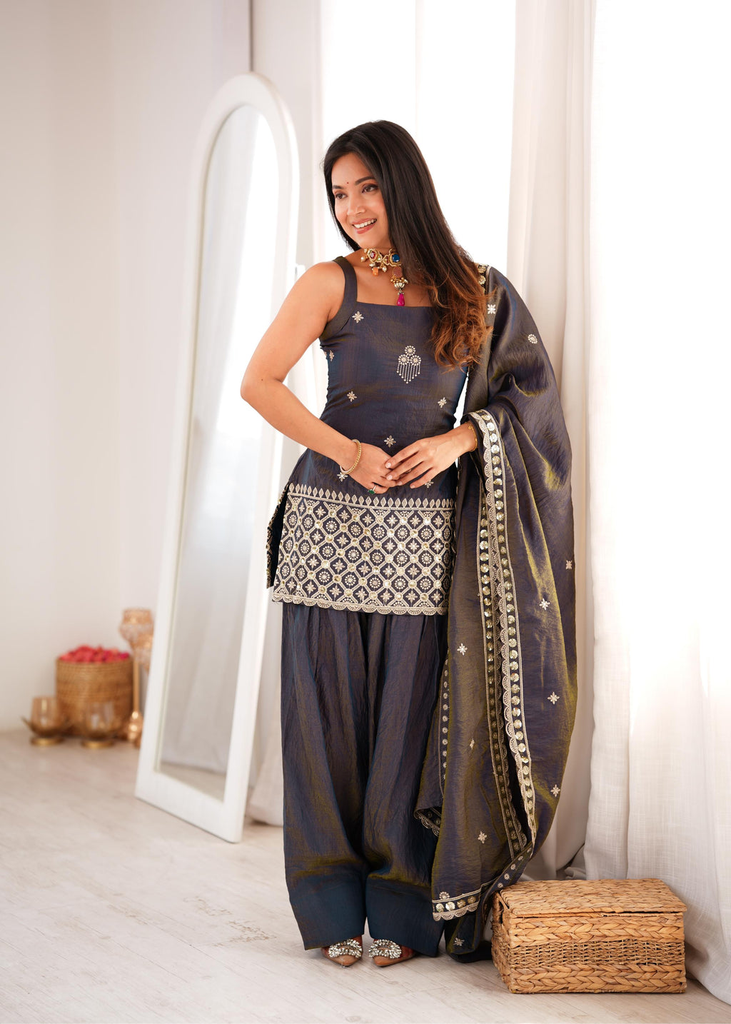 Royal Charcoal Grey Silk Co-Ord Suit with Intricate White Mirror Embroidery, Square-Neck Kurti & Designer Dupatta