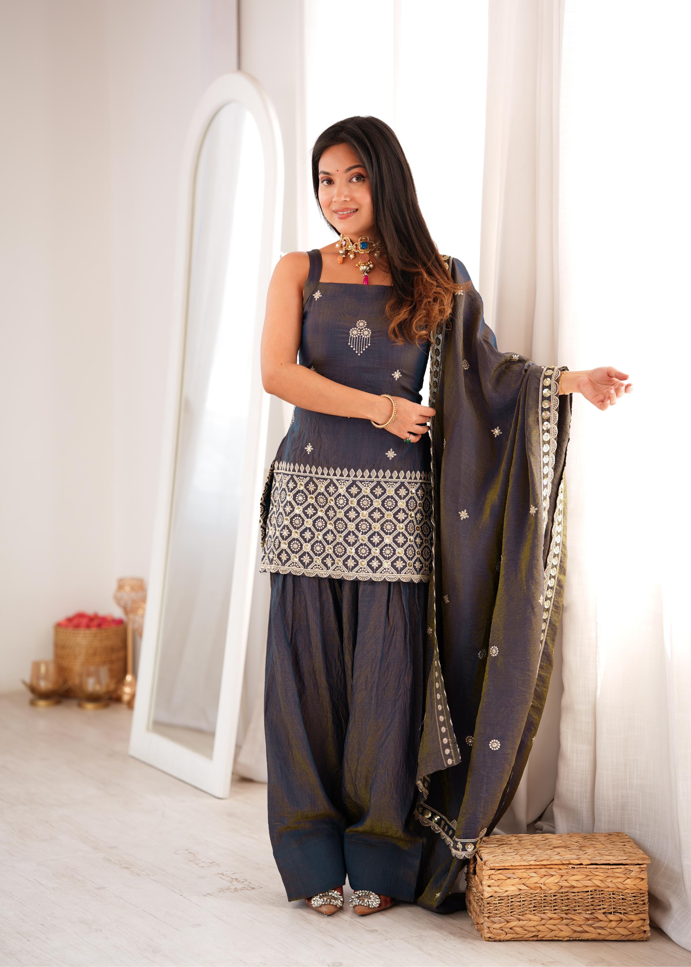 Royal Charcoal Grey Silk Co-Ord Suit with Intricate White Mirror Embroidery, Square-Neck Kurti & Designer Dupatta