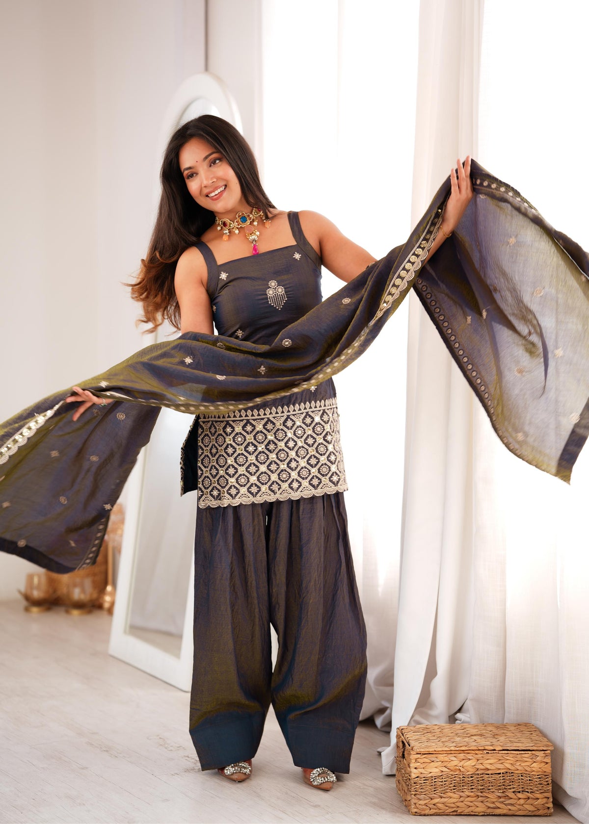 Royal Charcoal Grey Silk Co-Ord Suit with Intricate White Mirror Embroidery, Square-Neck Kurti & Designer Dupatta