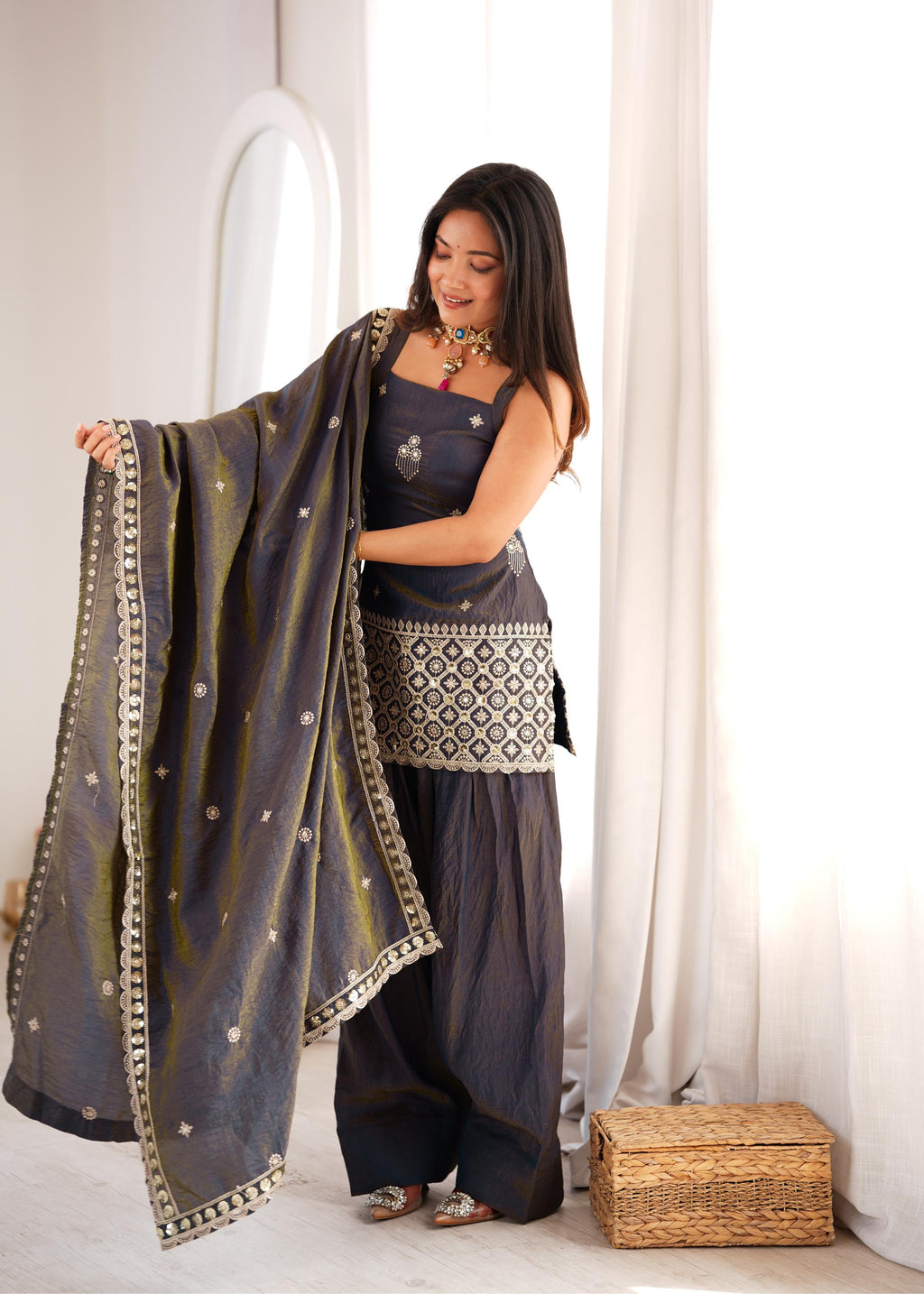 Royal Charcoal Grey Silk Co-Ord Suit with Intricate White Mirror Embroidery, Square-Neck Kurti & Designer Dupatta