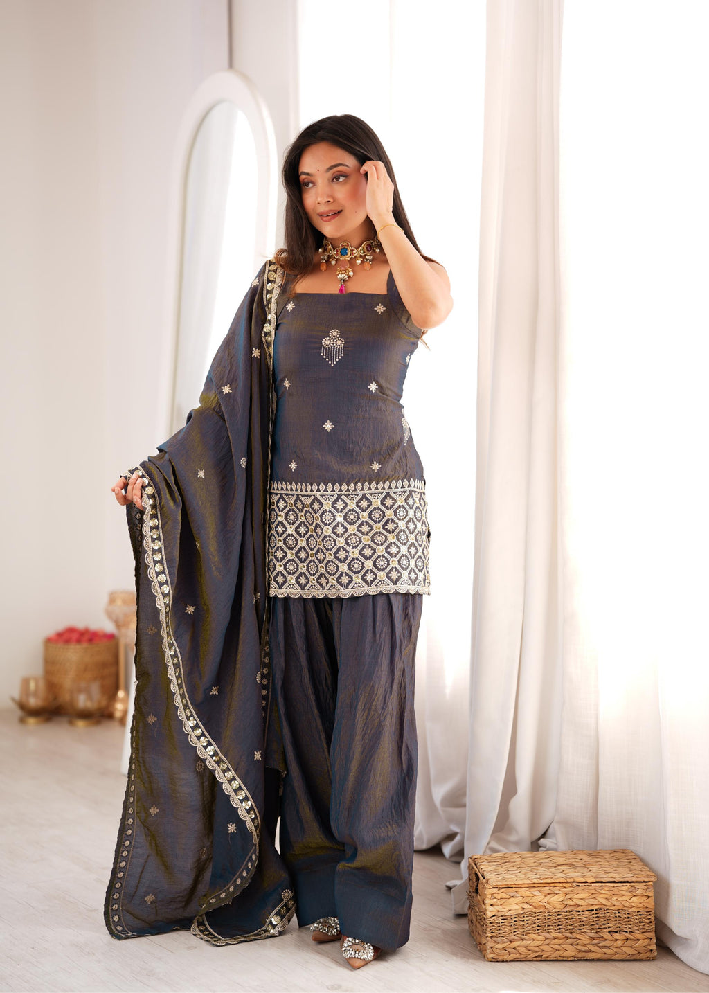 Royal Charcoal Grey Silk Co-Ord Suit with Intricate White Mirror Embroidery, Square-Neck Kurti & Designer Dupatta