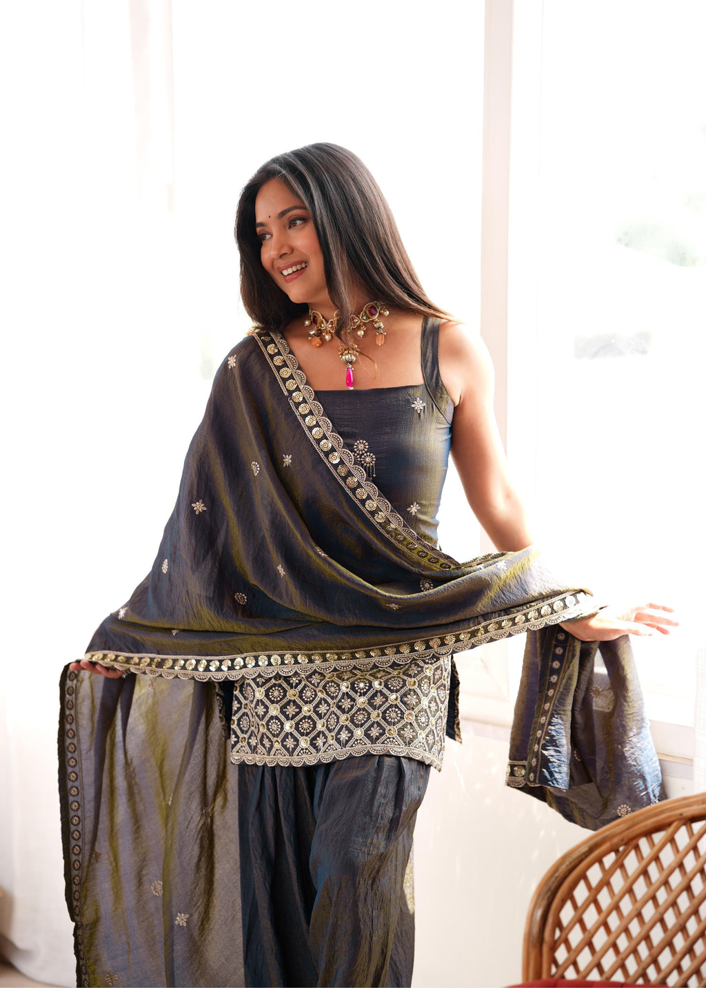 Royal Charcoal Grey Silk Co-Ord Suit with Intricate White Mirror Embroidery, Square-Neck Kurti & Designer Dupatta