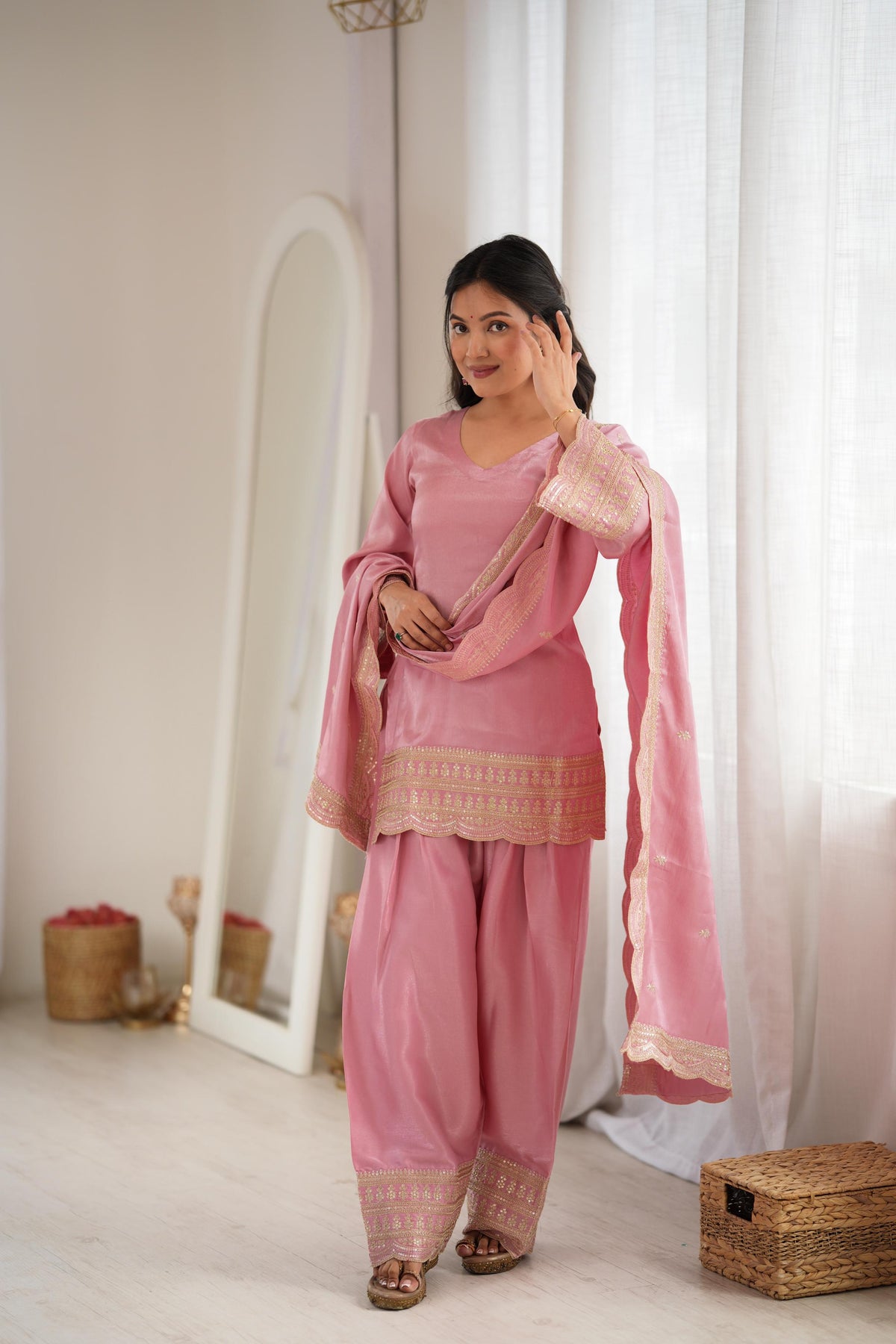 Blush Pink Elegance – Embroidered Kurta with Palazzo & Dupatta
