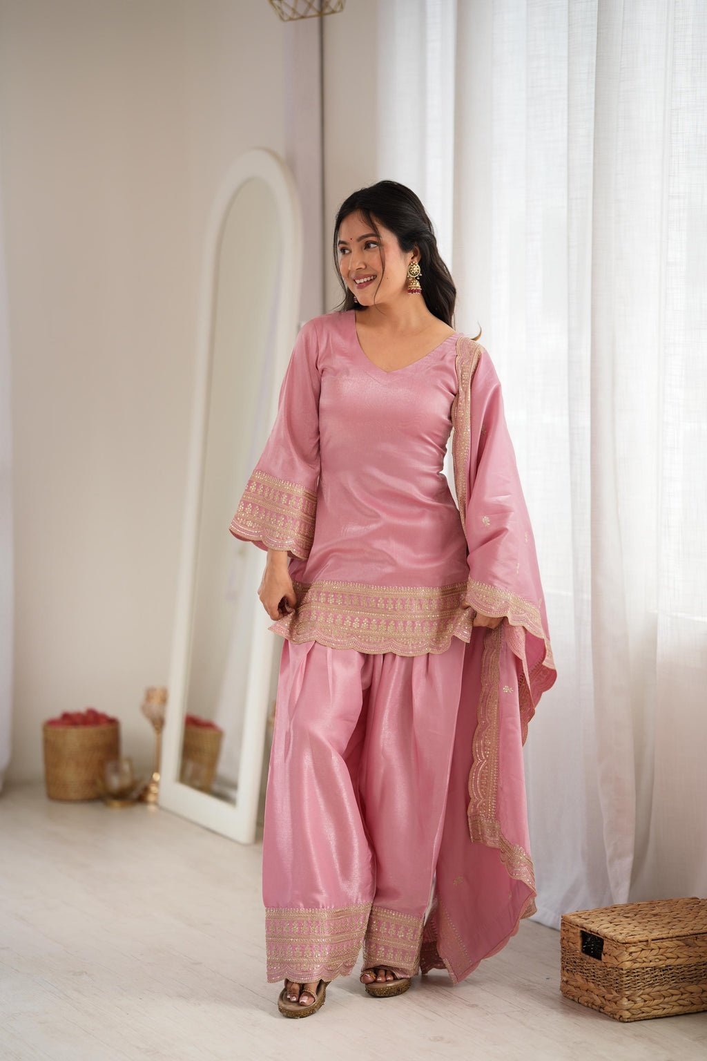 Blush Pink Elegance – Embroidered Kurta with Palazzo & Dupatta