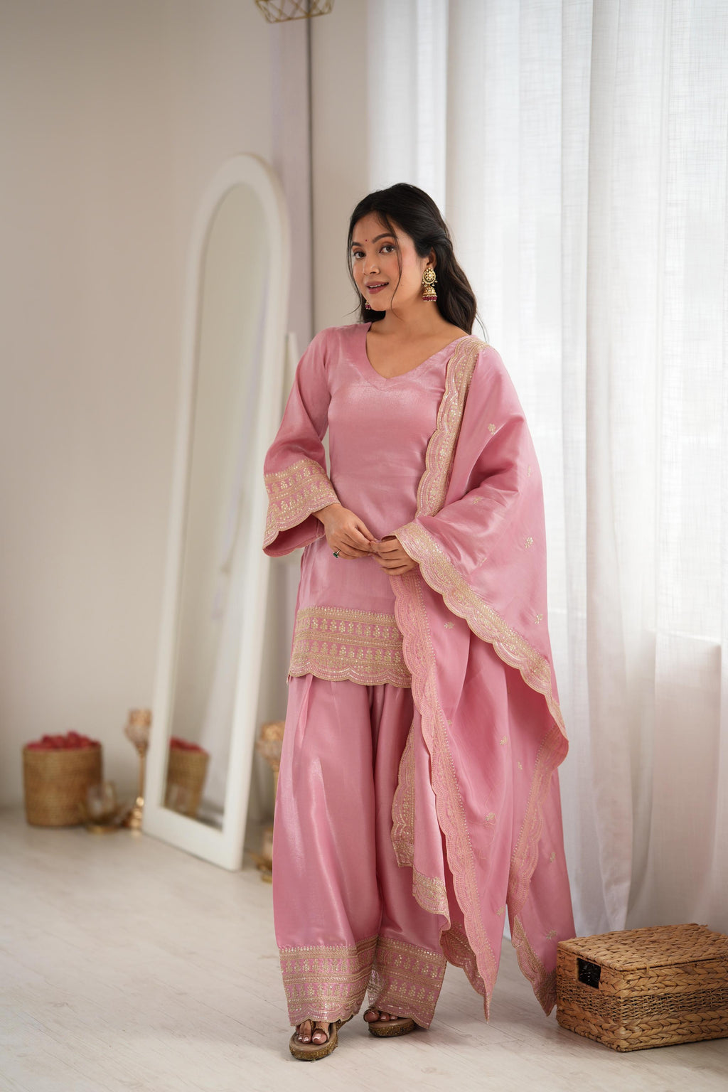 Blush Pink Elegance – Embroidered Kurta with Palazzo & Dupatta