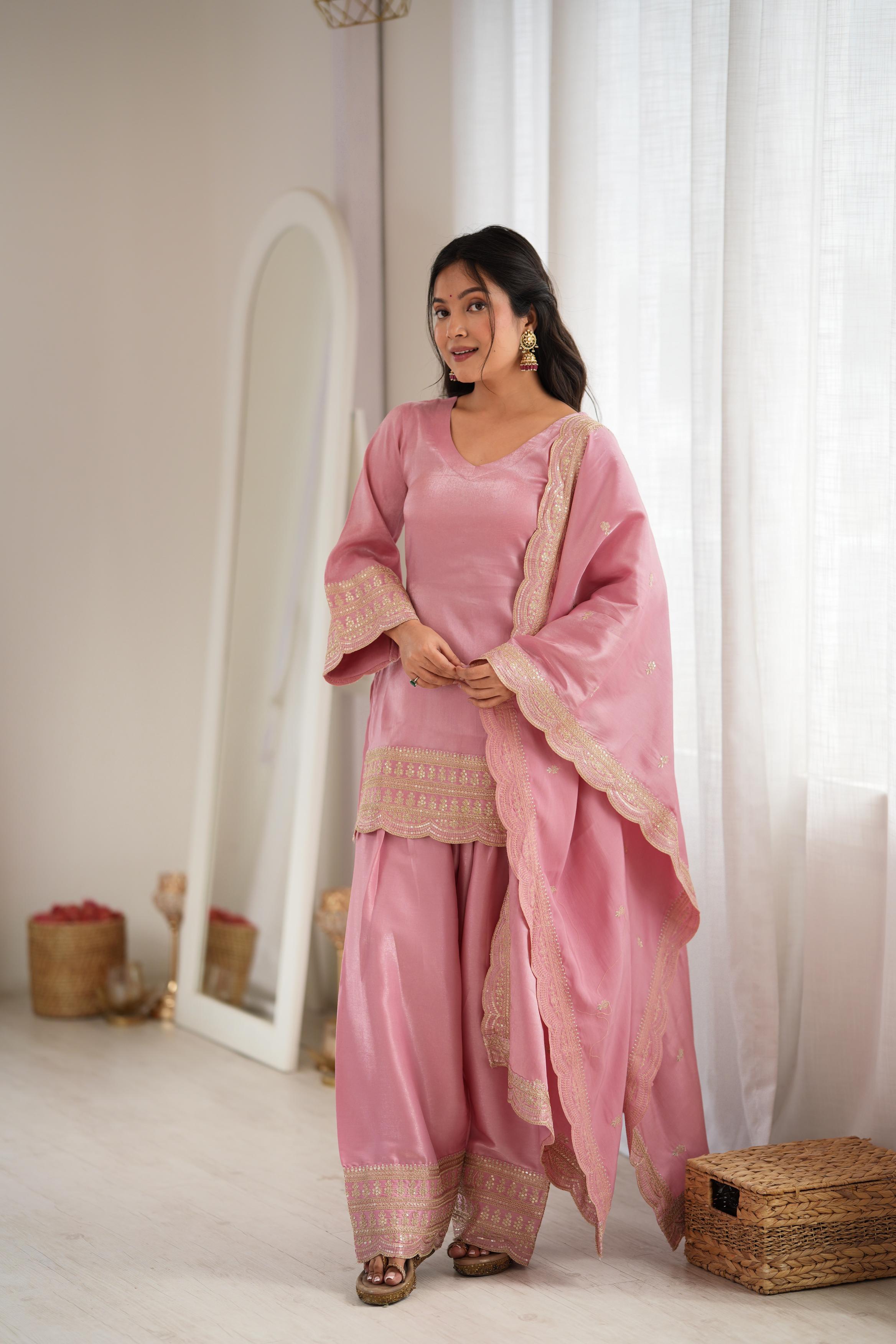 Blush Pink Elegance – Embroidered Kurta with Palazzo & Dupatta