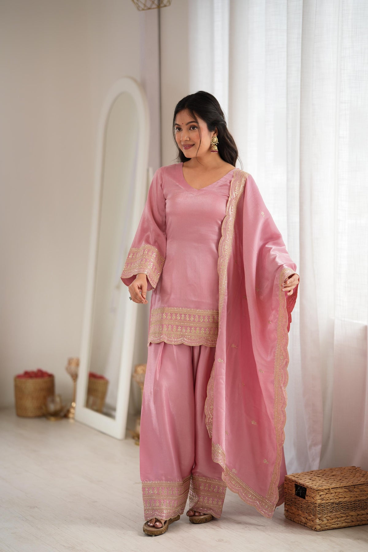 Blush Pink Elegance – Embroidered Kurta with Palazzo & Dupatta