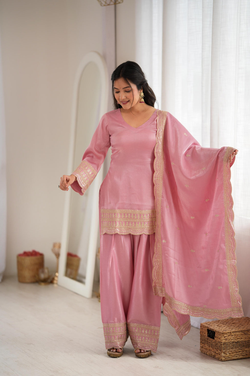 Blush Pink Elegance – Embroidered Kurta with Palazzo & Dupatta