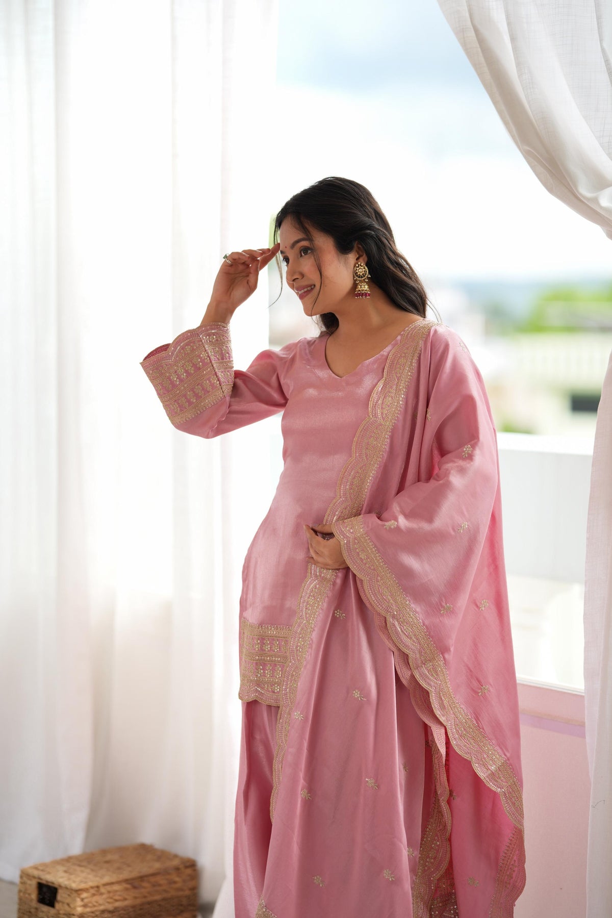Blush Pink Elegance – Embroidered Kurta with Palazzo & Dupatta