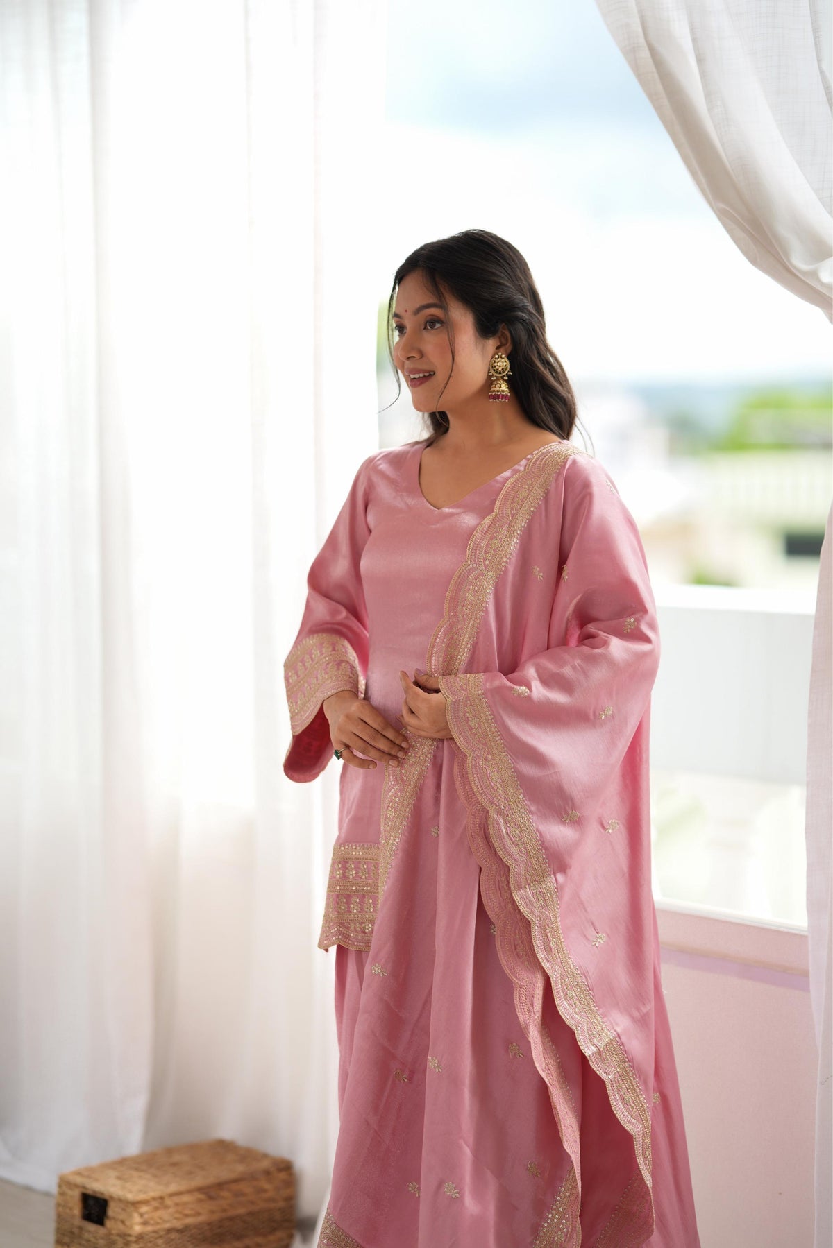 Blush Pink Elegance – Embroidered Kurta with Palazzo & Dupatta