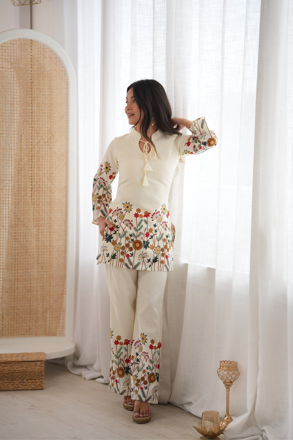 Ivory Floral Printed Premium Kurta Palazzo Set With Contrast Botanical Border Detailing