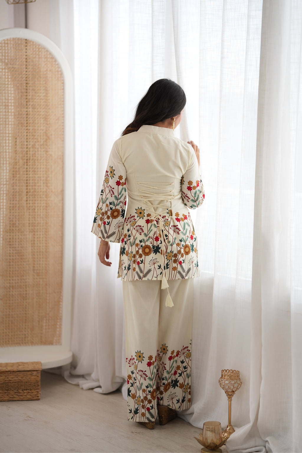 Ivory Floral Printed Premium Kurta Palazzo Set With Contrast Botanical Border Detailing