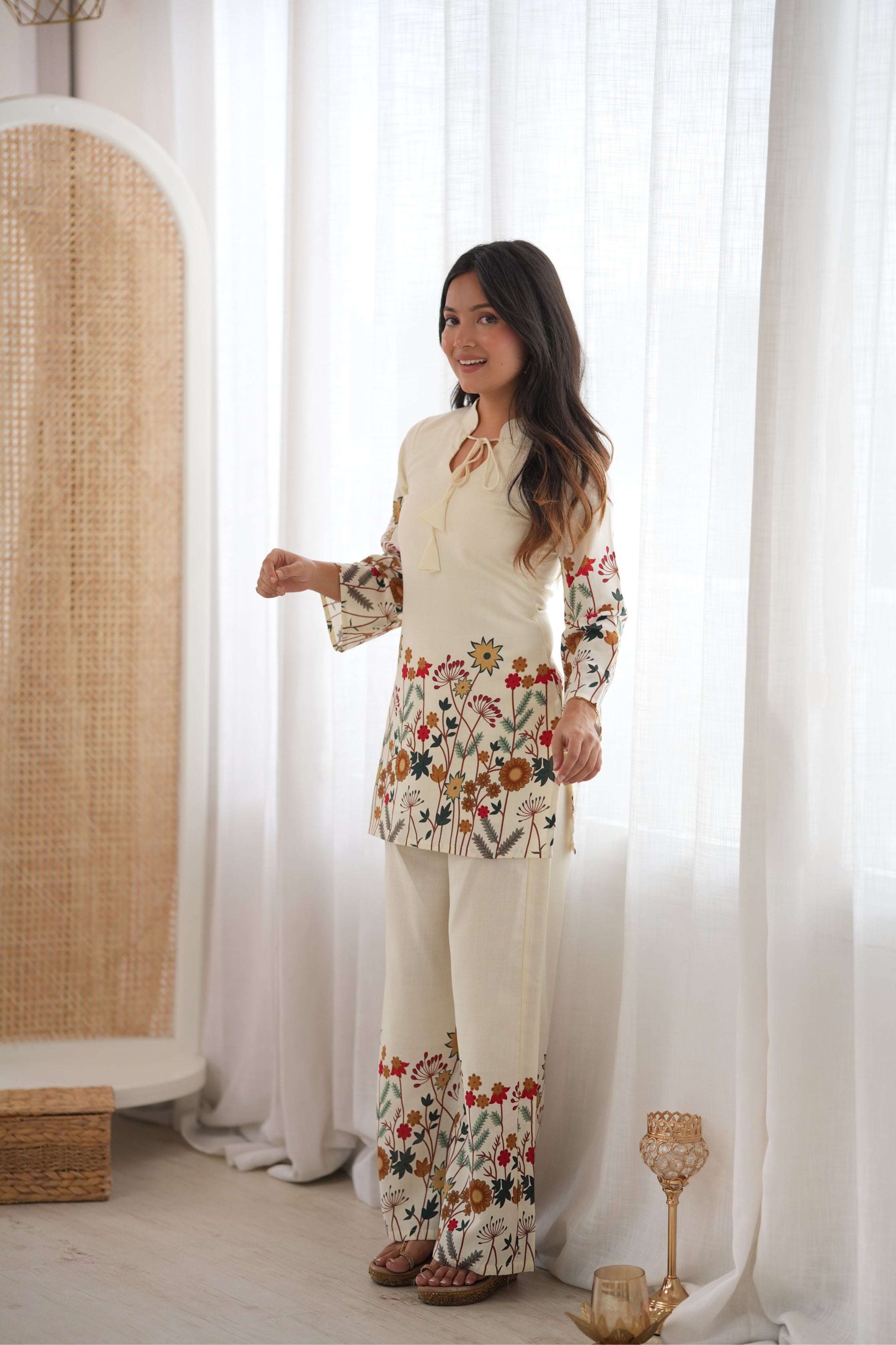 Ivory Floral Printed Premium Kurta Palazzo Set With Contrast Botanical Border Detailing