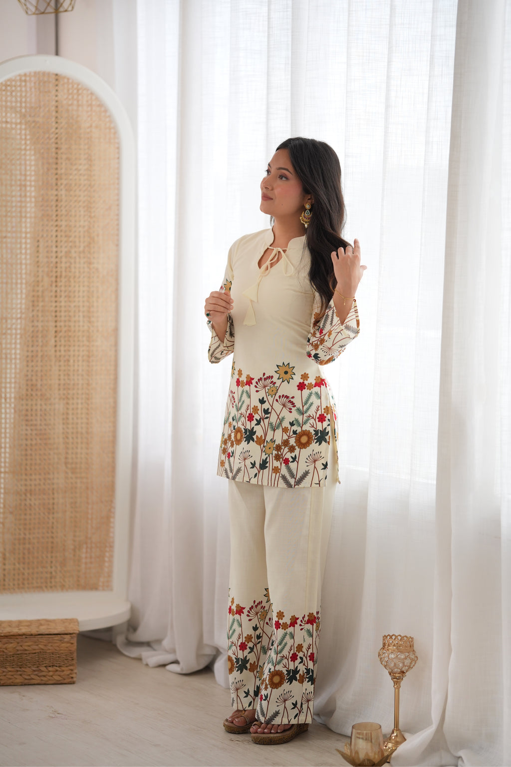 Ivory Floral Printed Premium Kurta Palazzo Set With Contrast Botanical Border Detailing