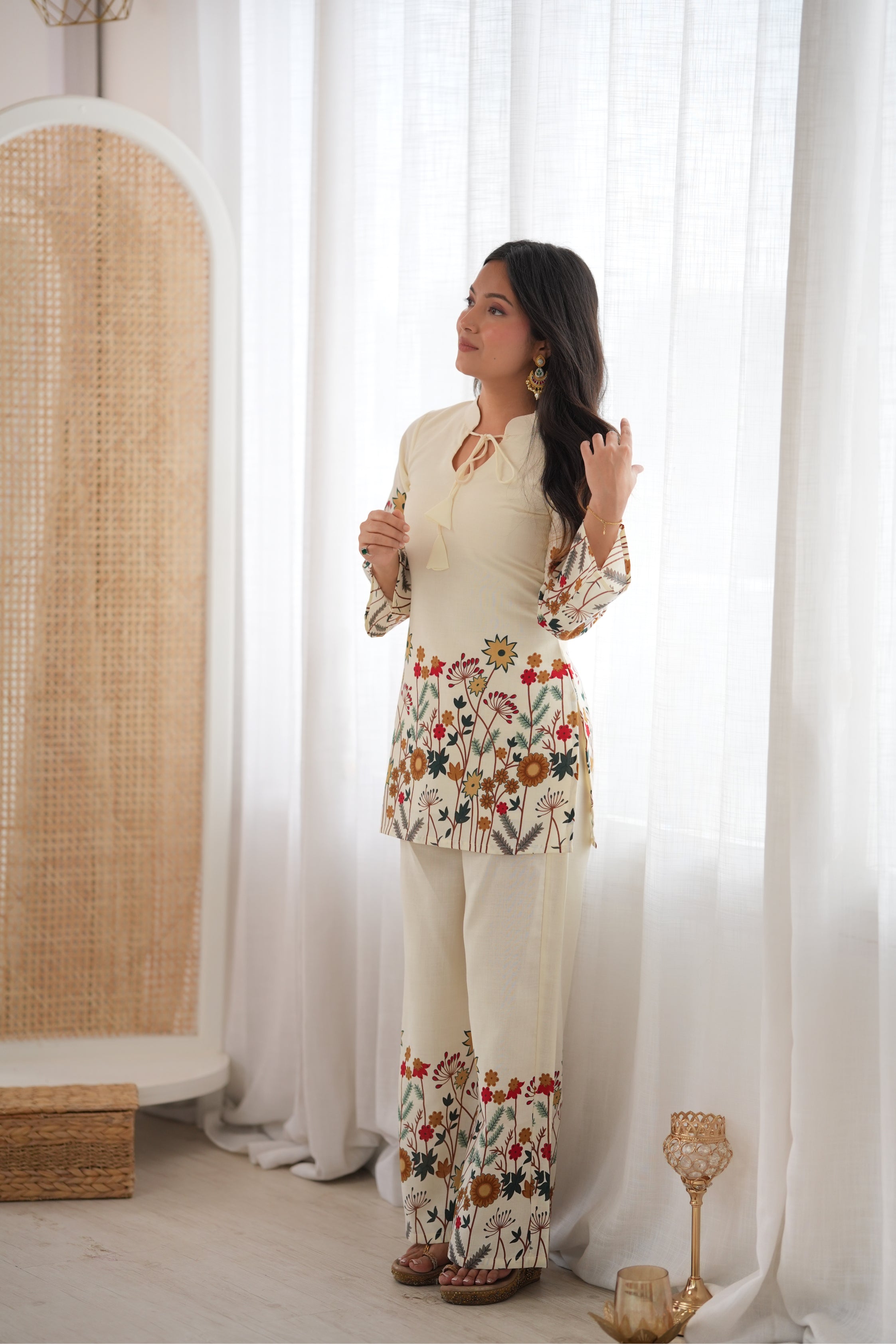 Ivory Floral Printed Premium Kurta Palazzo Set With Contrast Botanical Border Detailing