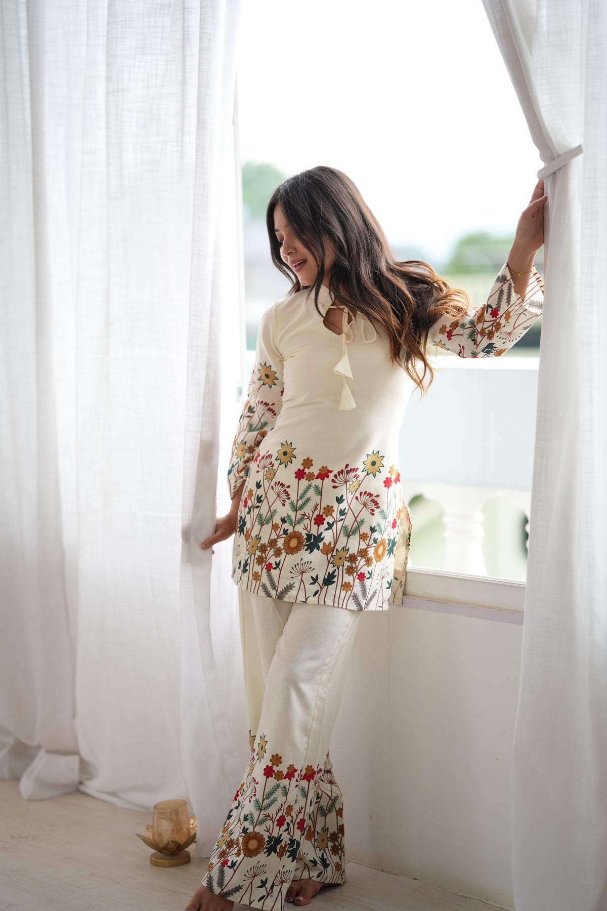 Ivory Floral Printed Premium Kurta Palazzo Set With Contrast Botanical Border Detailing