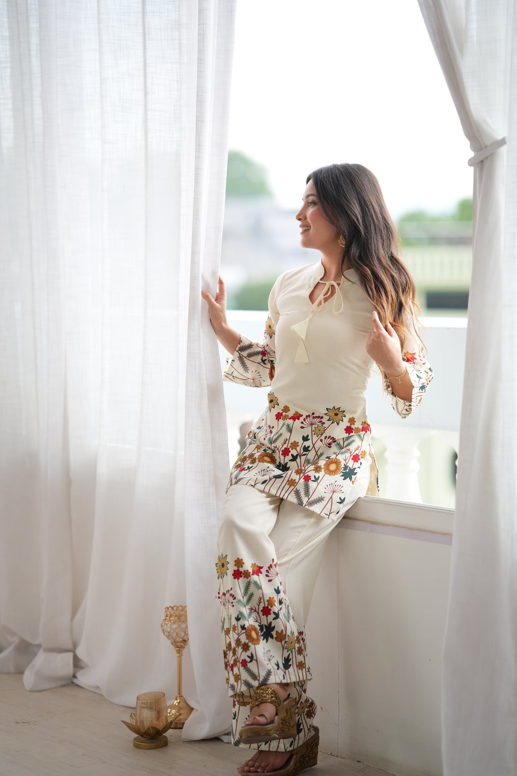 Ivory Floral Printed Premium Kurta Palazzo Set With Contrast Botanical Border Detailing