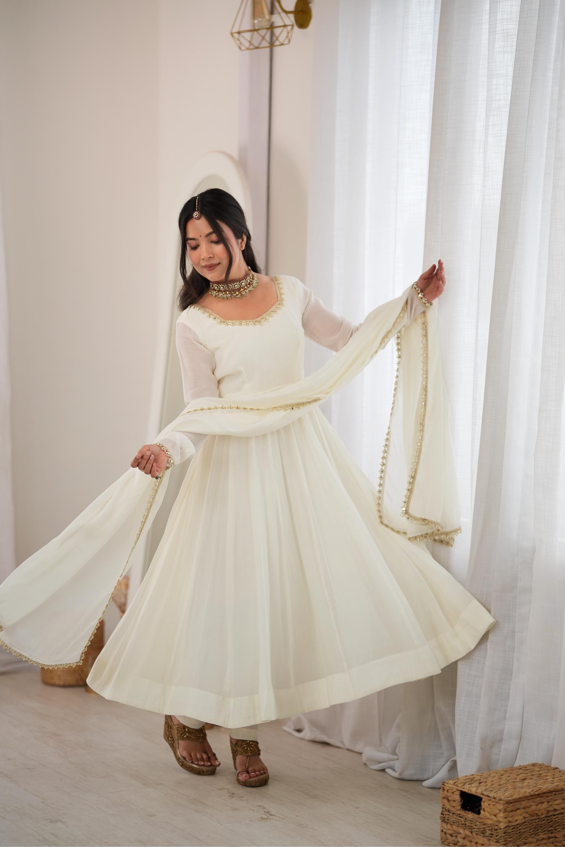 Elegant Ivory Anarkali Gown with Sheer Sleeves, Golden Neckline Embellishment & Matching Dupatta