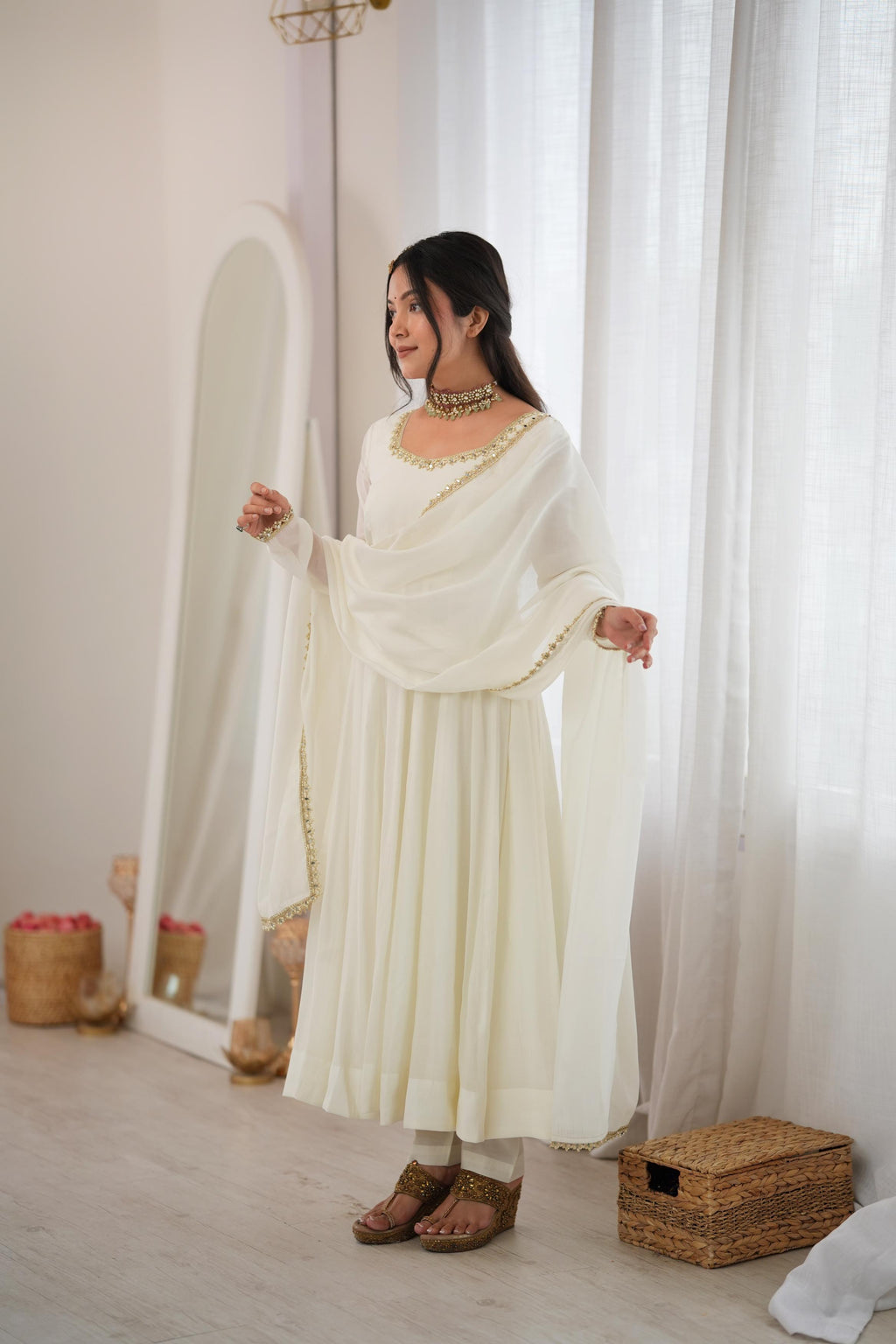 Elegant Ivory Anarkali Gown with Sheer Sleeves, Golden Neckline Embellishment & Matching Dupatta